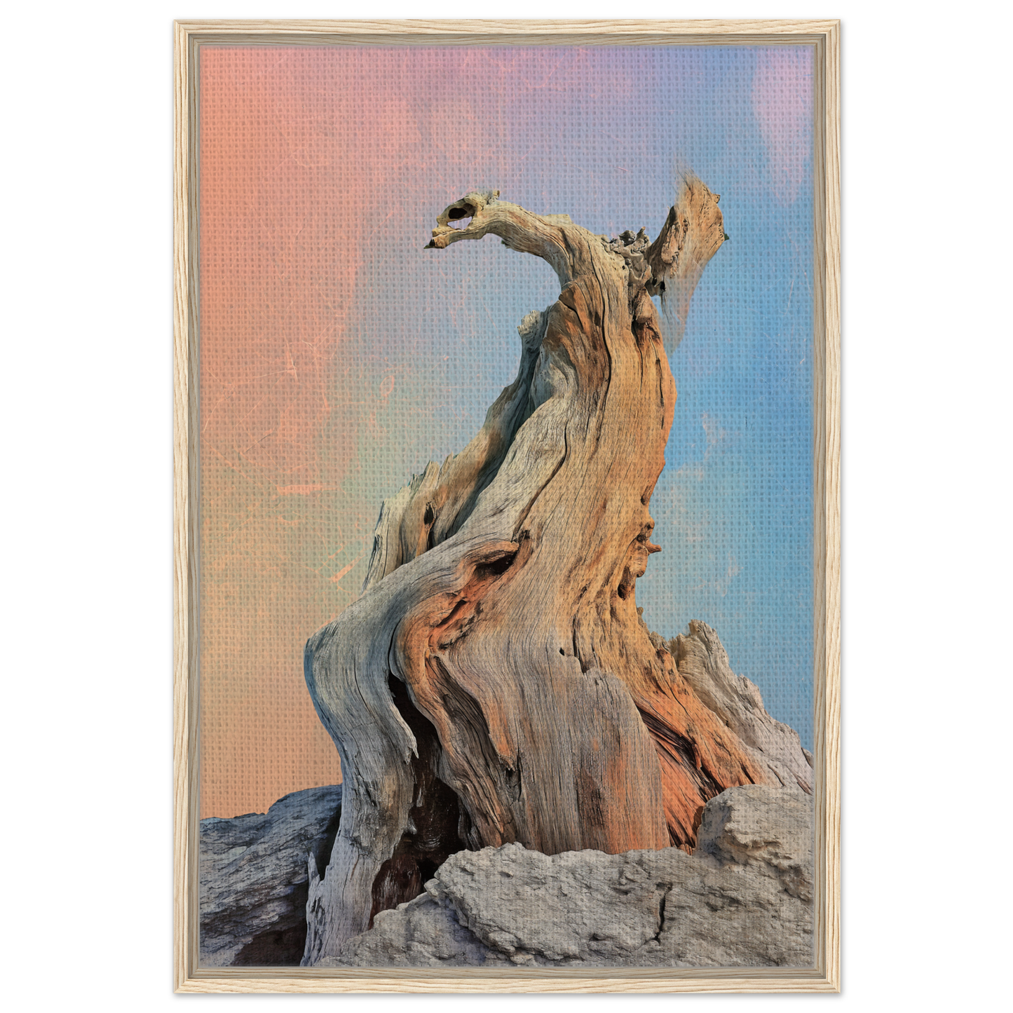 Twisted driftwood sculpture enhances Mystic Driftwood Dream framed canvas print