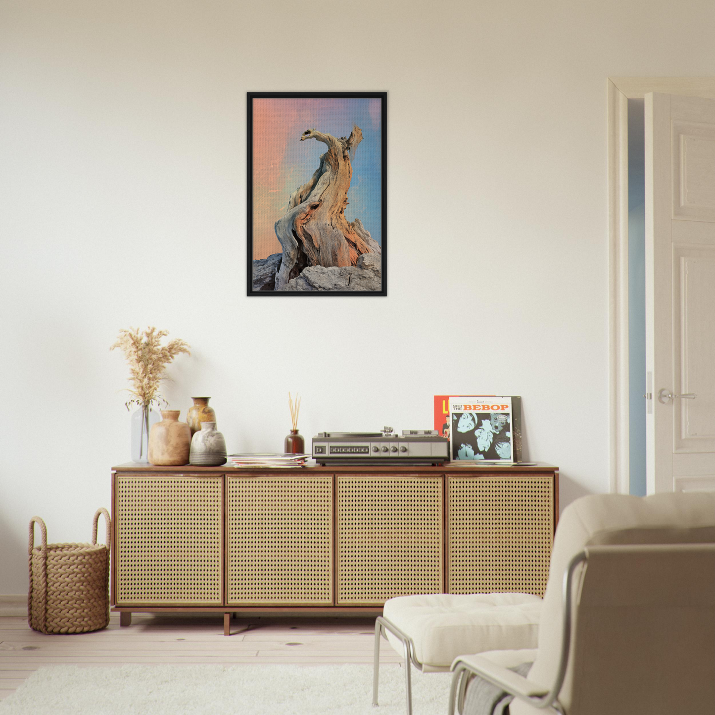 Framed canvas print of a weathered tree trunk at sunset in Mystic Driftwood Dream