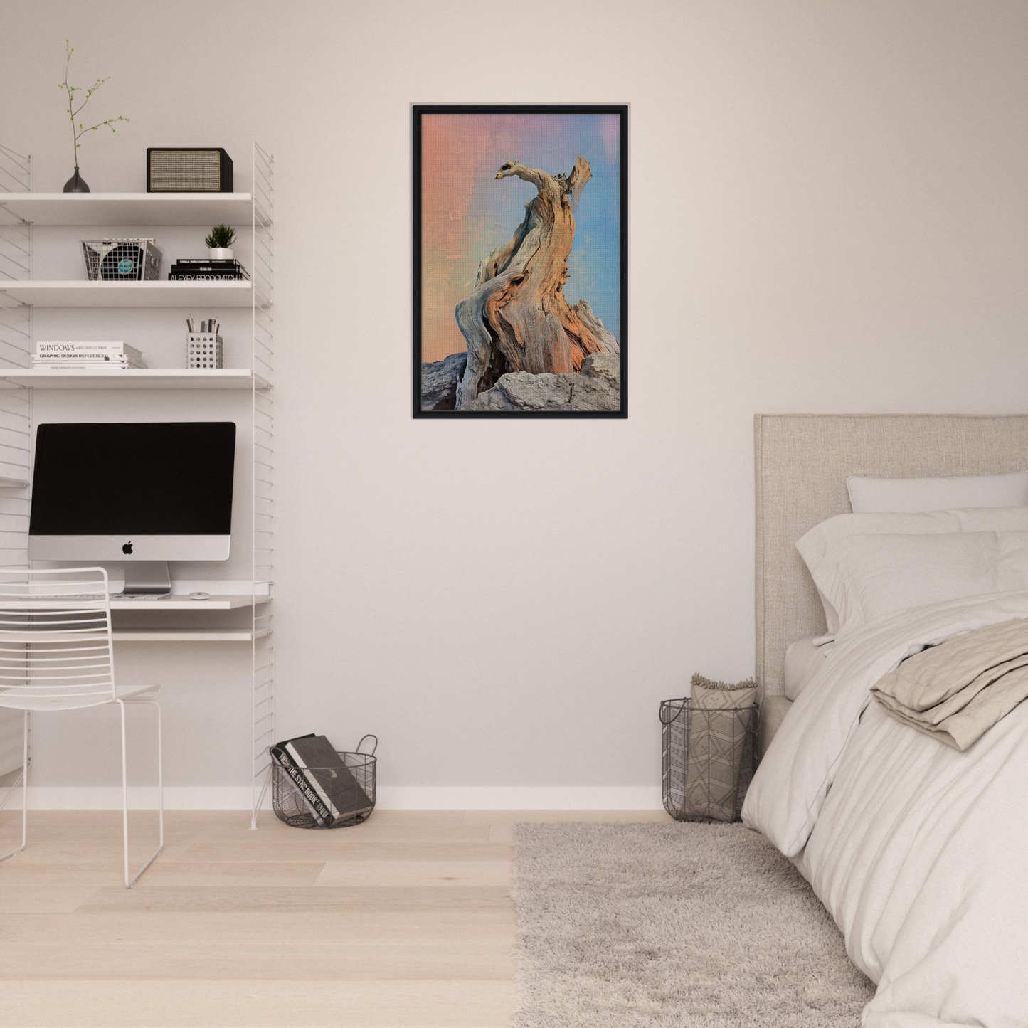 Framed painting of a giraffe with colorful background for Mystic Driftwood Dream room decor