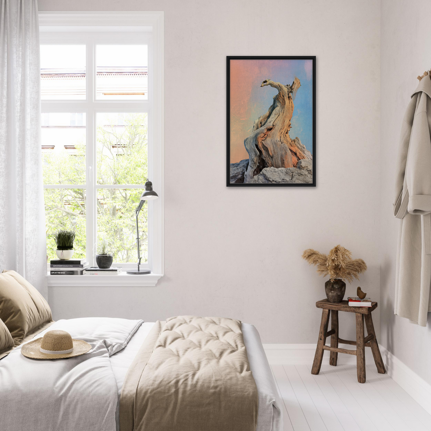 Bright, airy bedroom showcasing Mystic Driftwood Dream room decor and colorful artwork