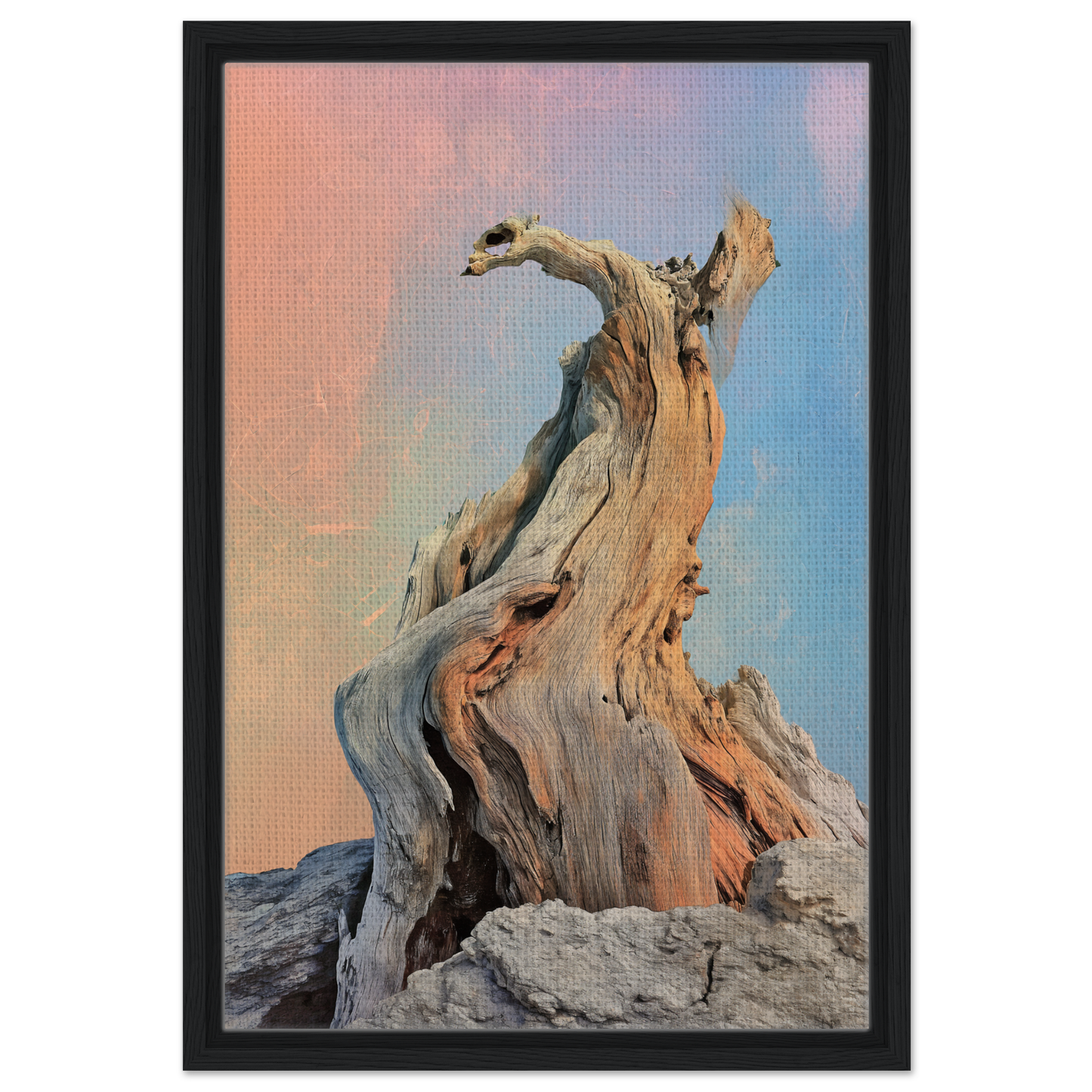 Twisted driftwood with gnarled branches in Mystic Driftwood Dream framed canvas print