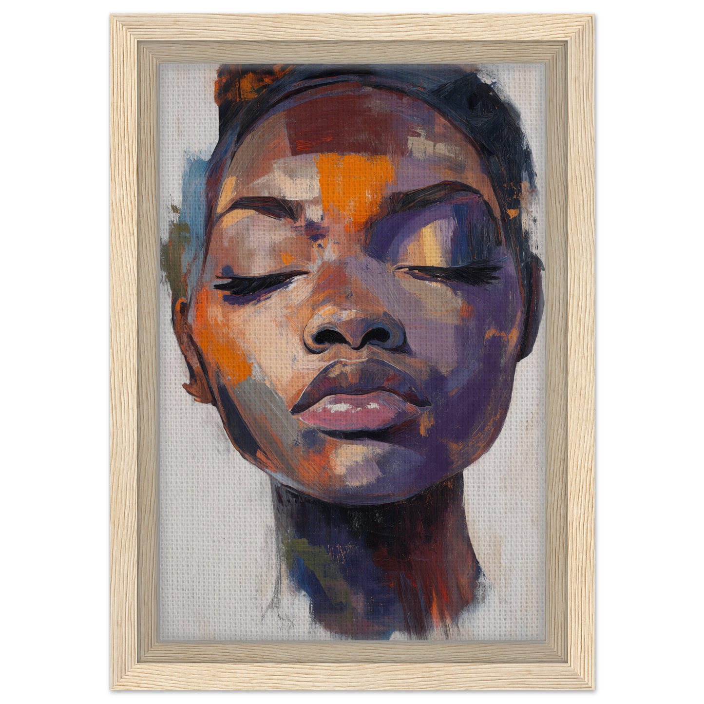 Colorful portrait painting with closed eyes, featured in Mystic Palette Reverie framed canvas print