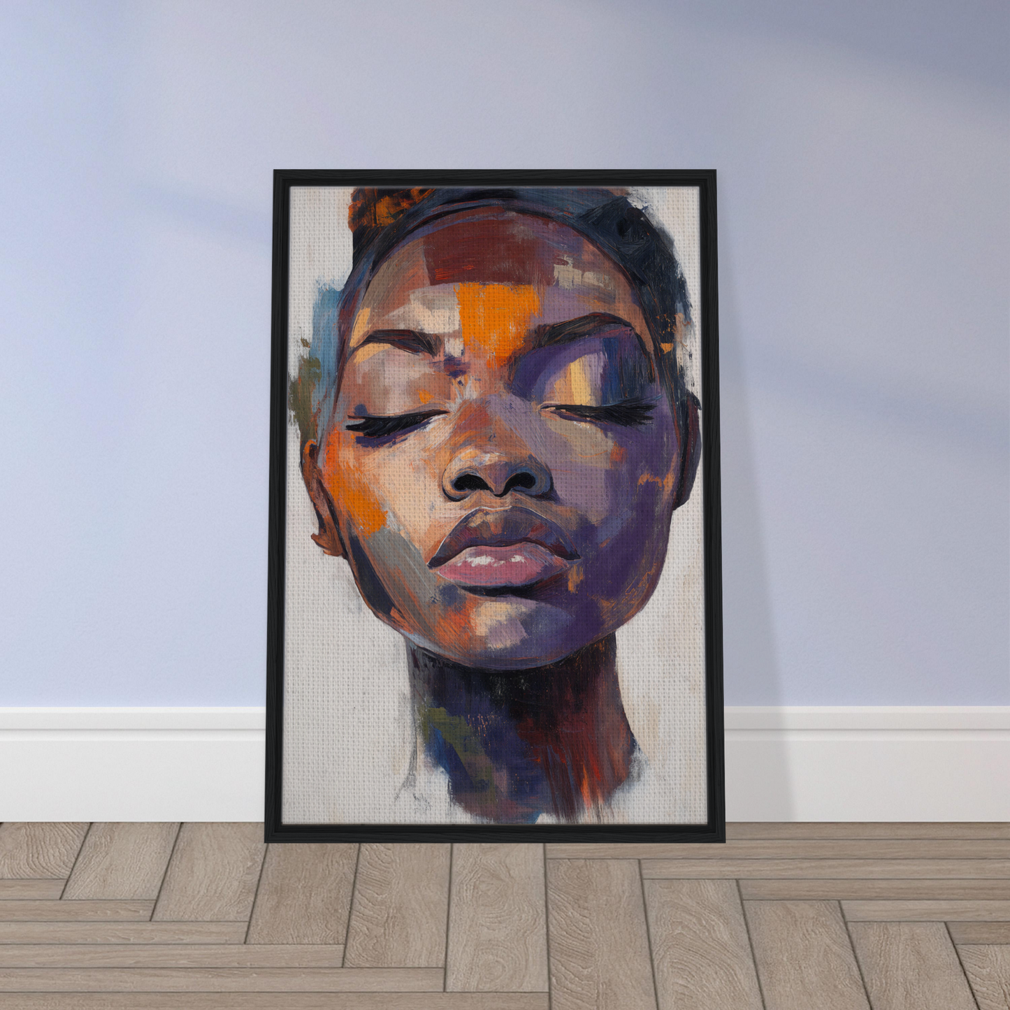 Colorful portrait painting of a person with closed eyes in a black frame, Mystic Palette Reverie