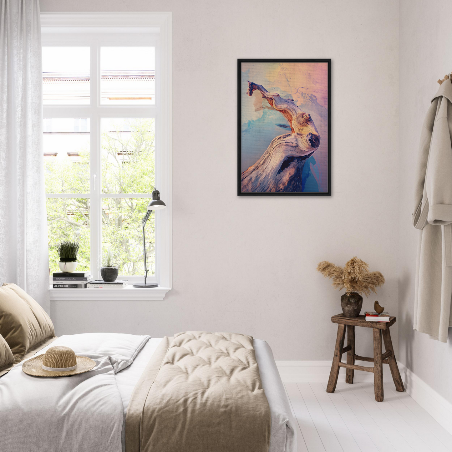 Bright, airy bedroom featuring Mystic Wood Whirl framed canvas print as focal point