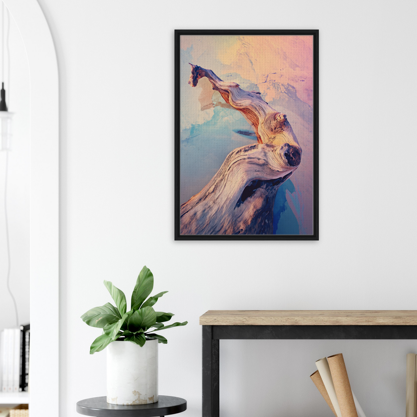 Framed canvas print of a colorful abstract horse head from Mystic Wood Whirl