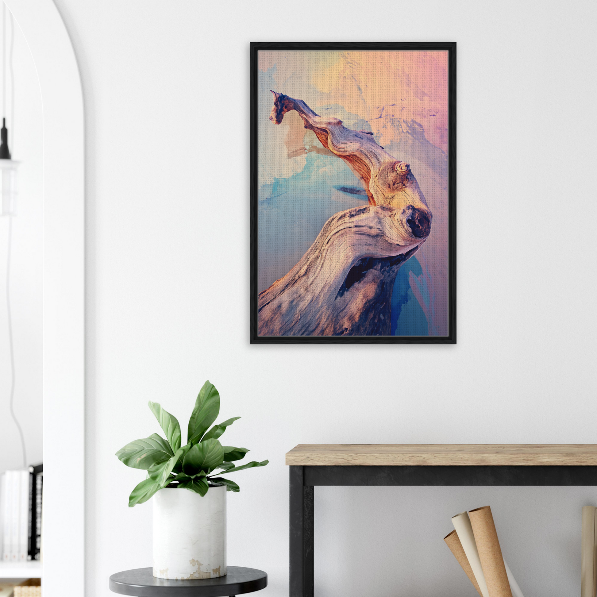 Framed canvas print of a colorful abstract horse head from Mystic Wood Whirl