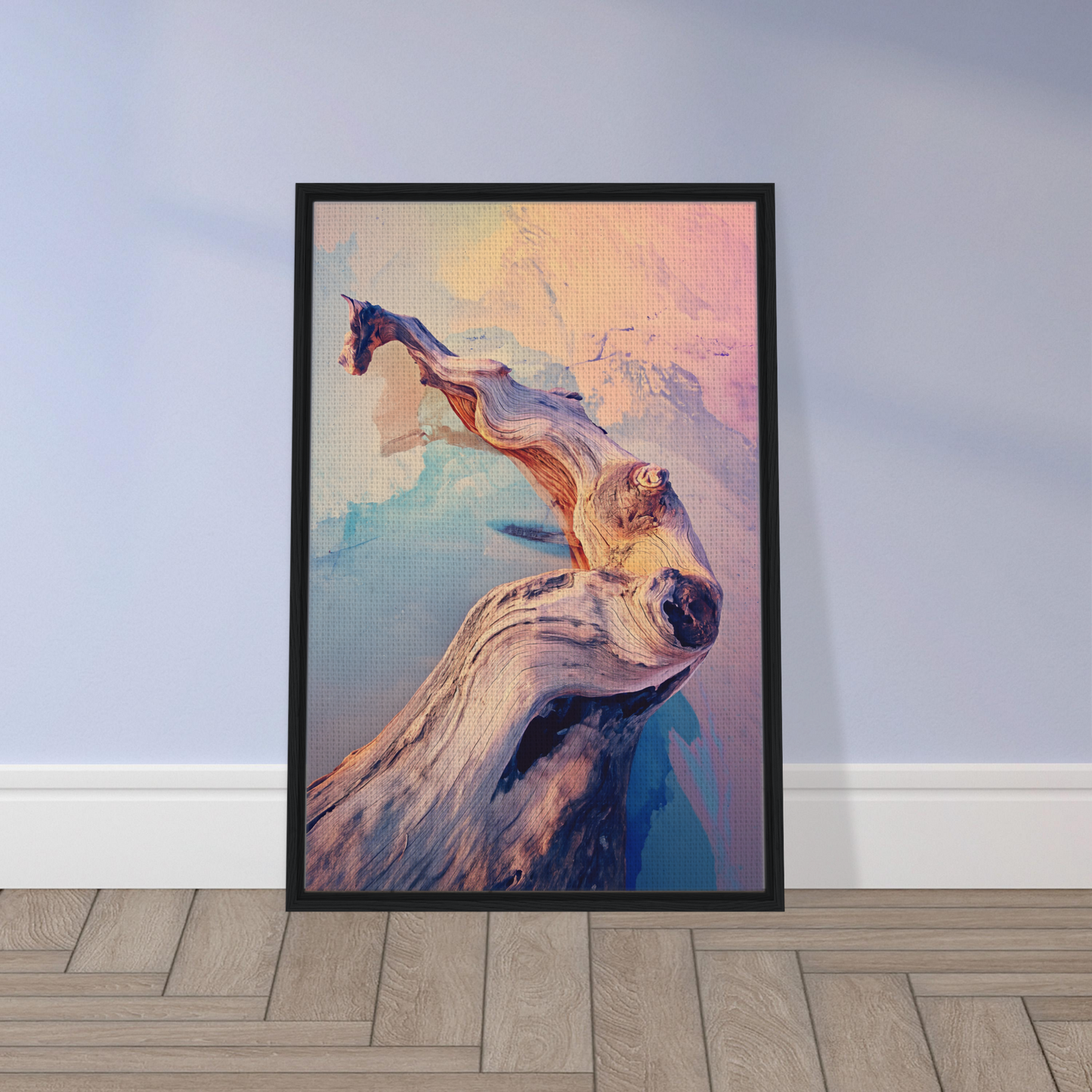 Abstract painting of a diving figure in Mystic Wood Whirl framed canvas print