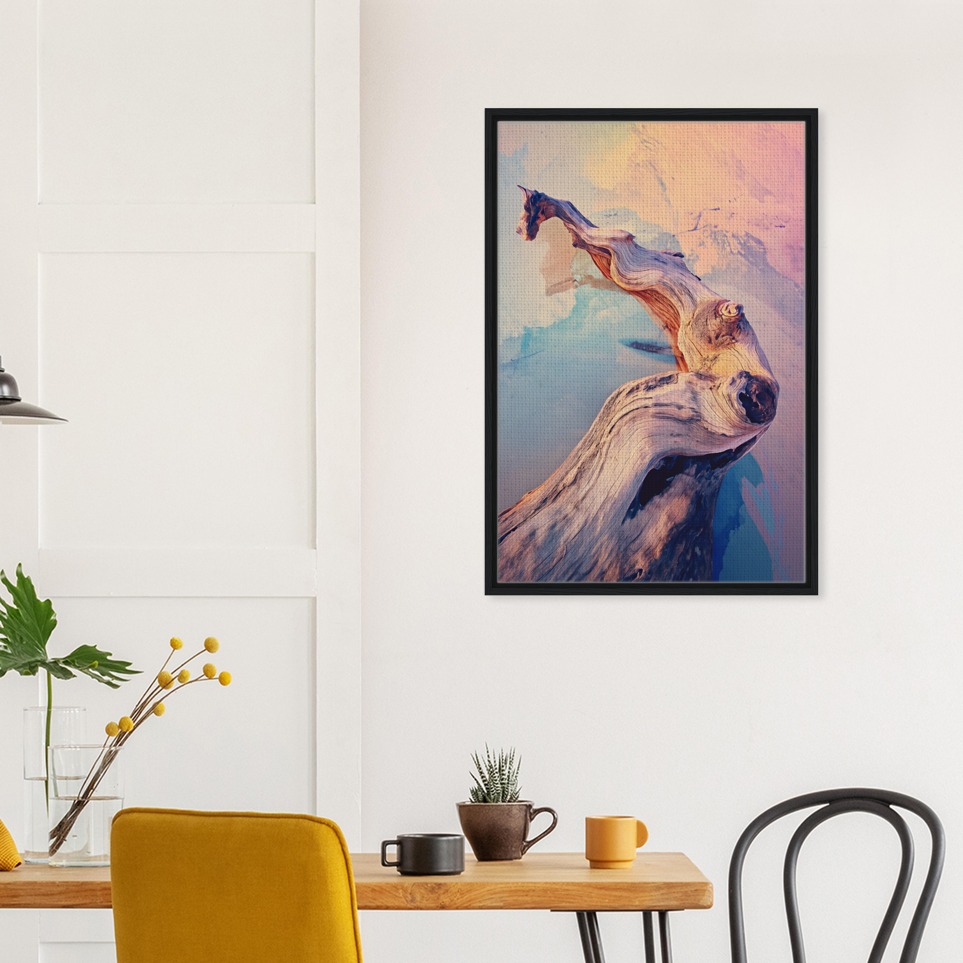 Framed canvas print of a colorful, flowing figure in Mystic Wood Whirl style