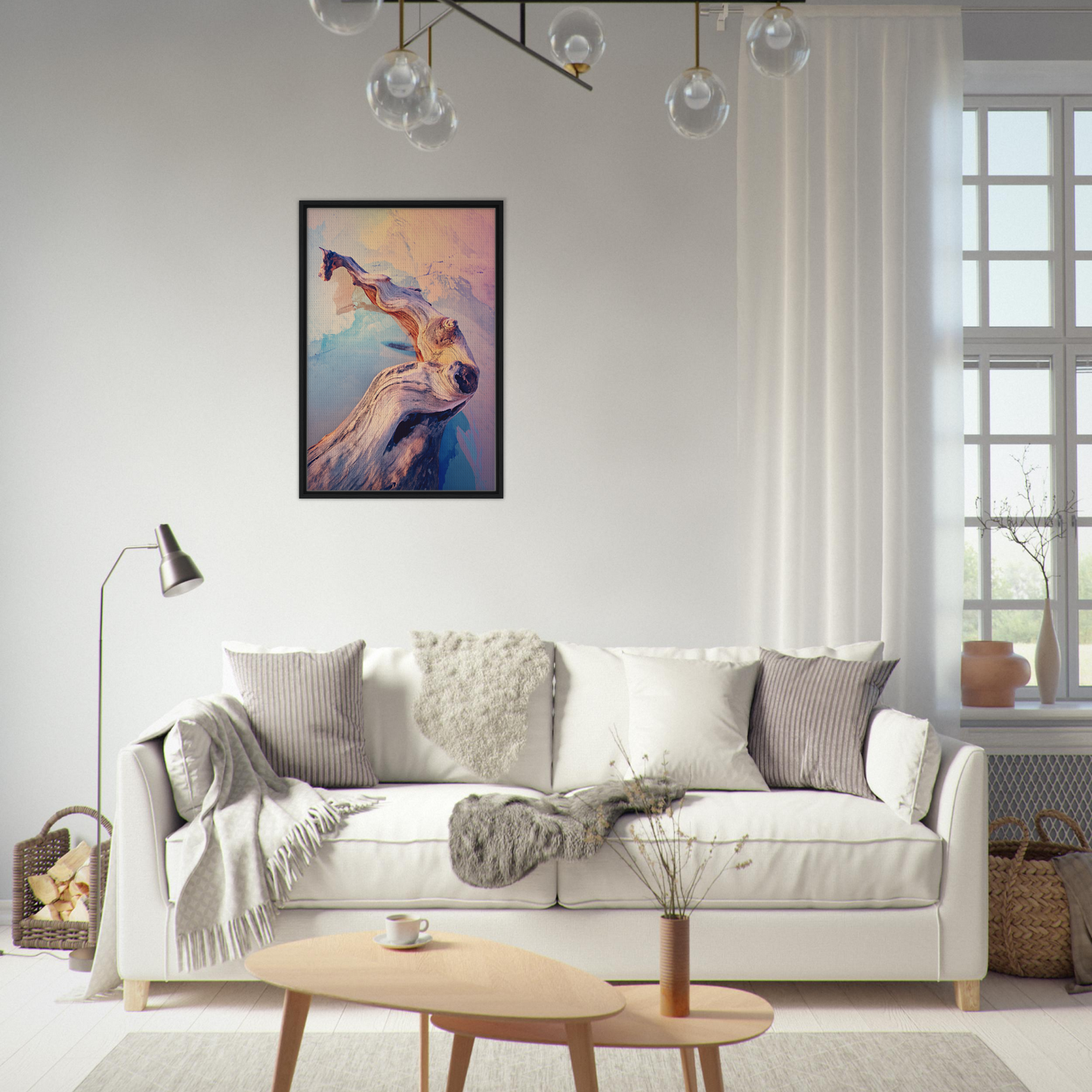 Elegant white sofa adorned with throw pillows and blankets from Mystic Wood Whirl