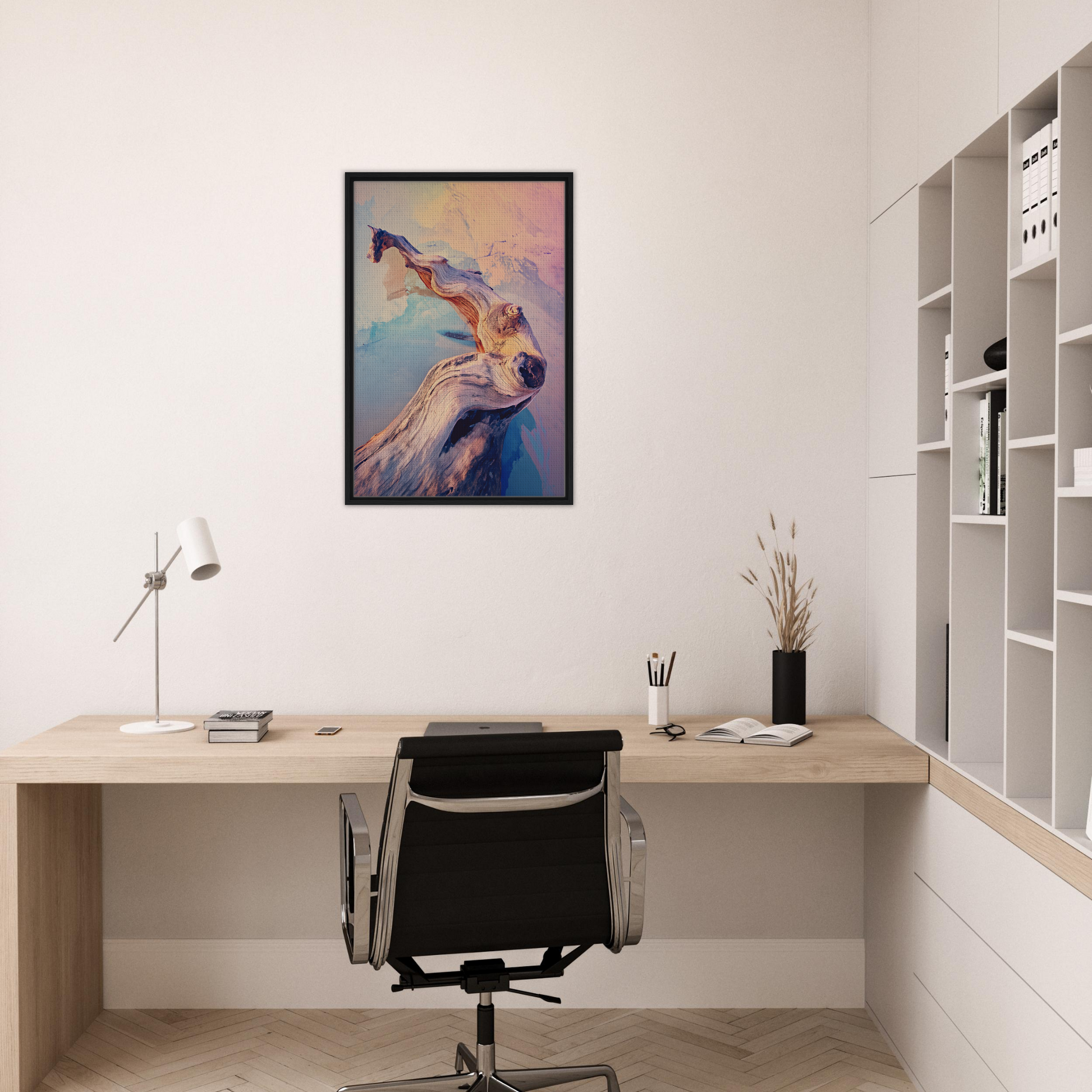 Minimalist home office featuring Mystic Wood Whirl, a perfect addition to room decor