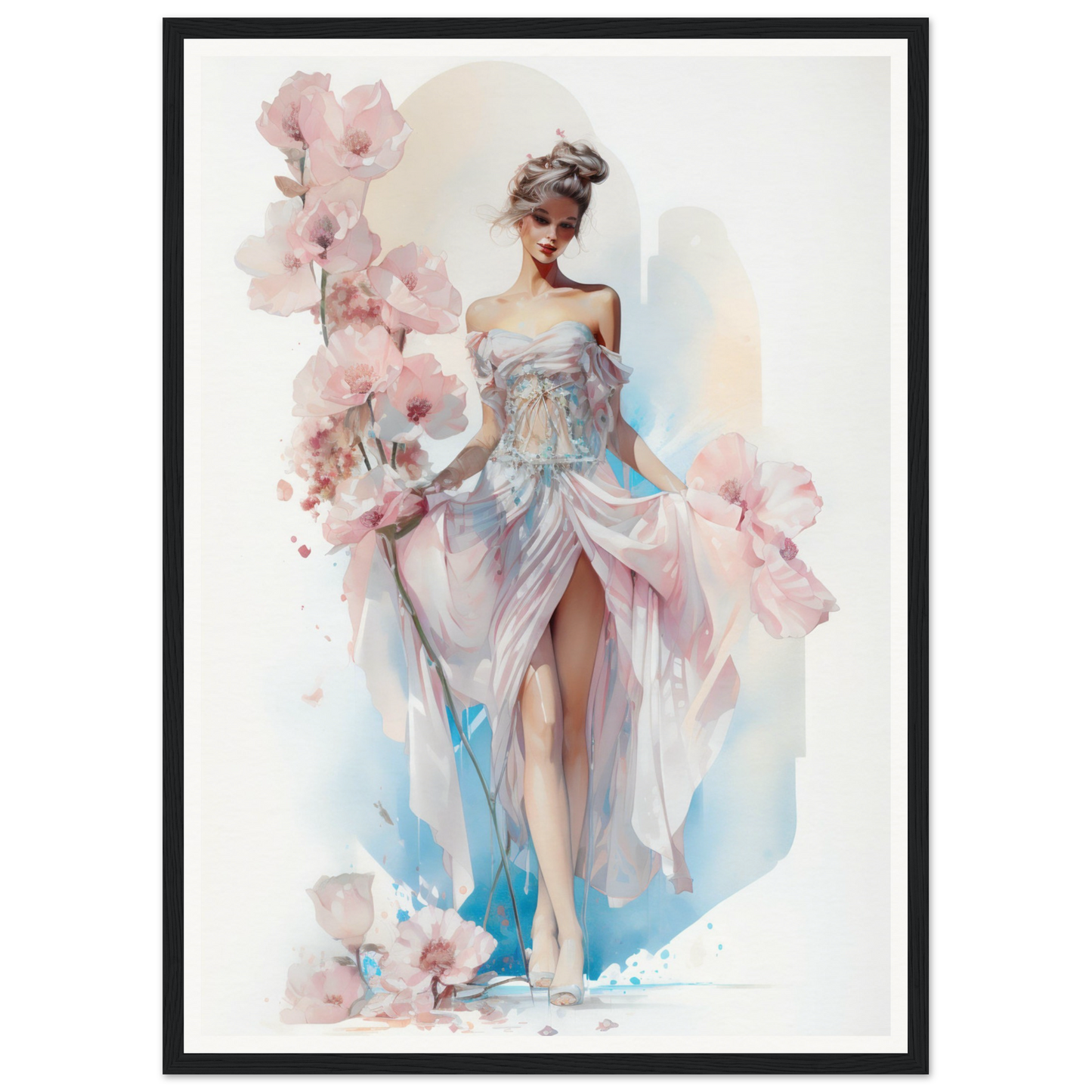 Watercolor painting of an elegant woman in a flowing gown surrounded by delicate pink flowers.