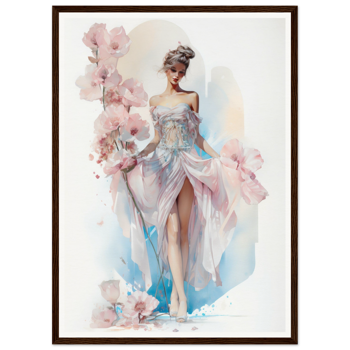 Elegant woman in a flowing dress surrounded by delicate pink flowers.