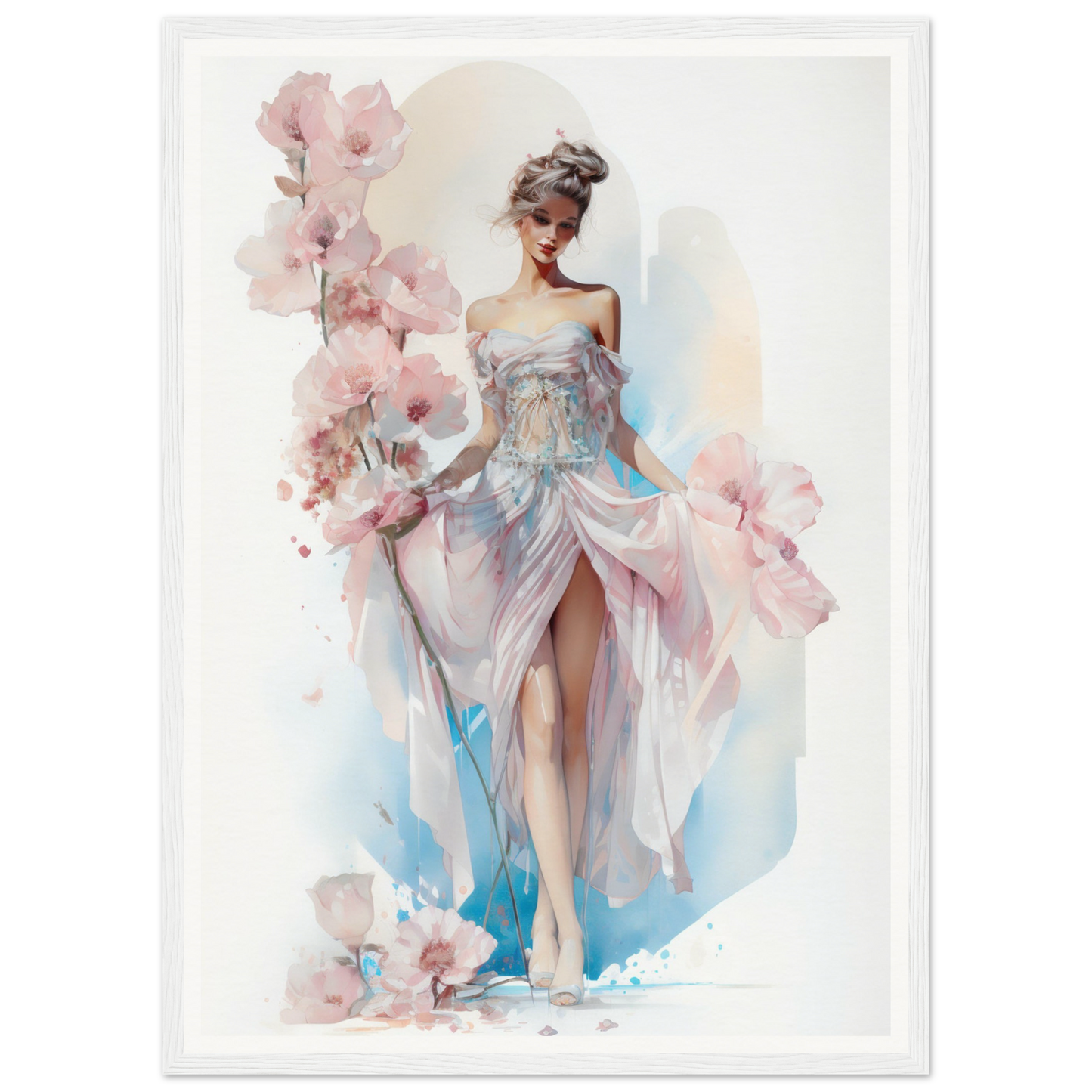 Elegant woman in a flowing pastel gown surrounded by delicate pink flowers.