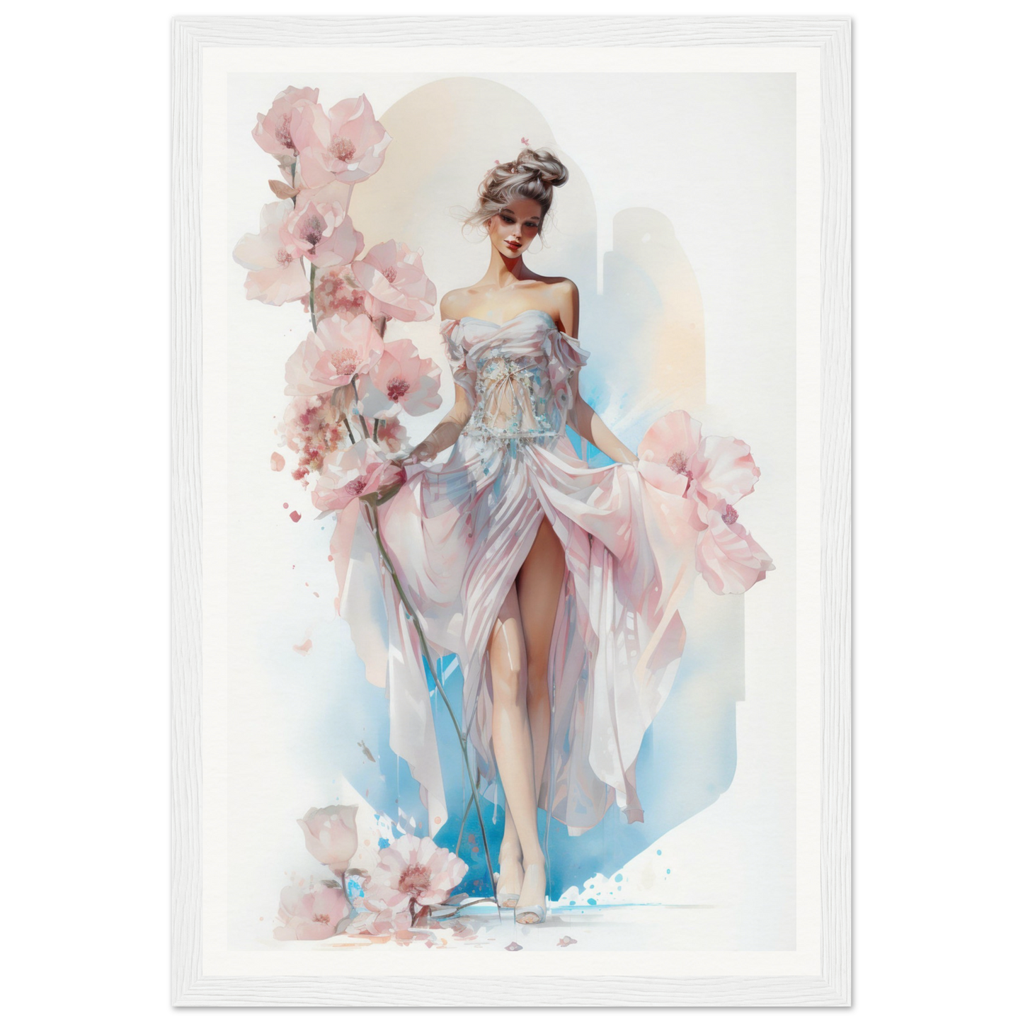 Elegant woman in a flowing pastel gown surrounded by delicate pink flowers.