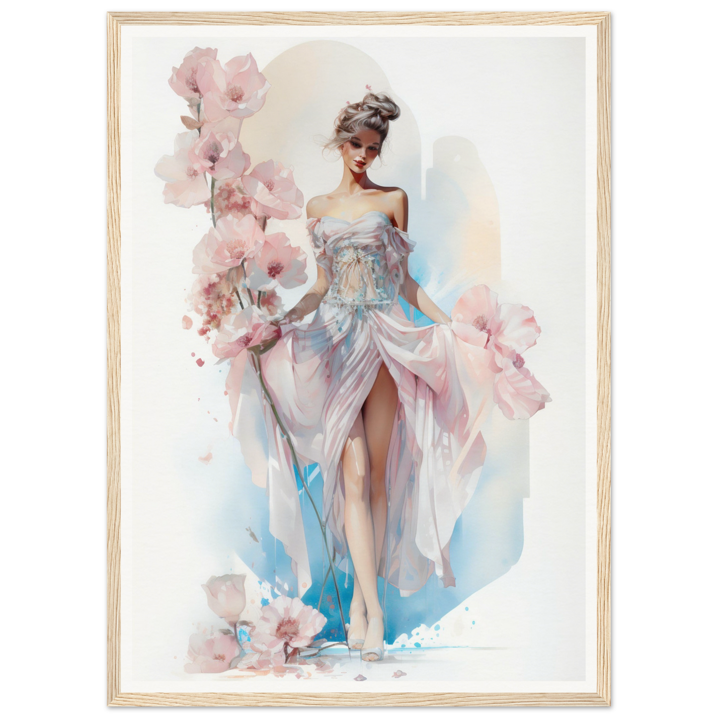 Elegant woman in a flowing pastel gown surrounded by delicate pink flowers.