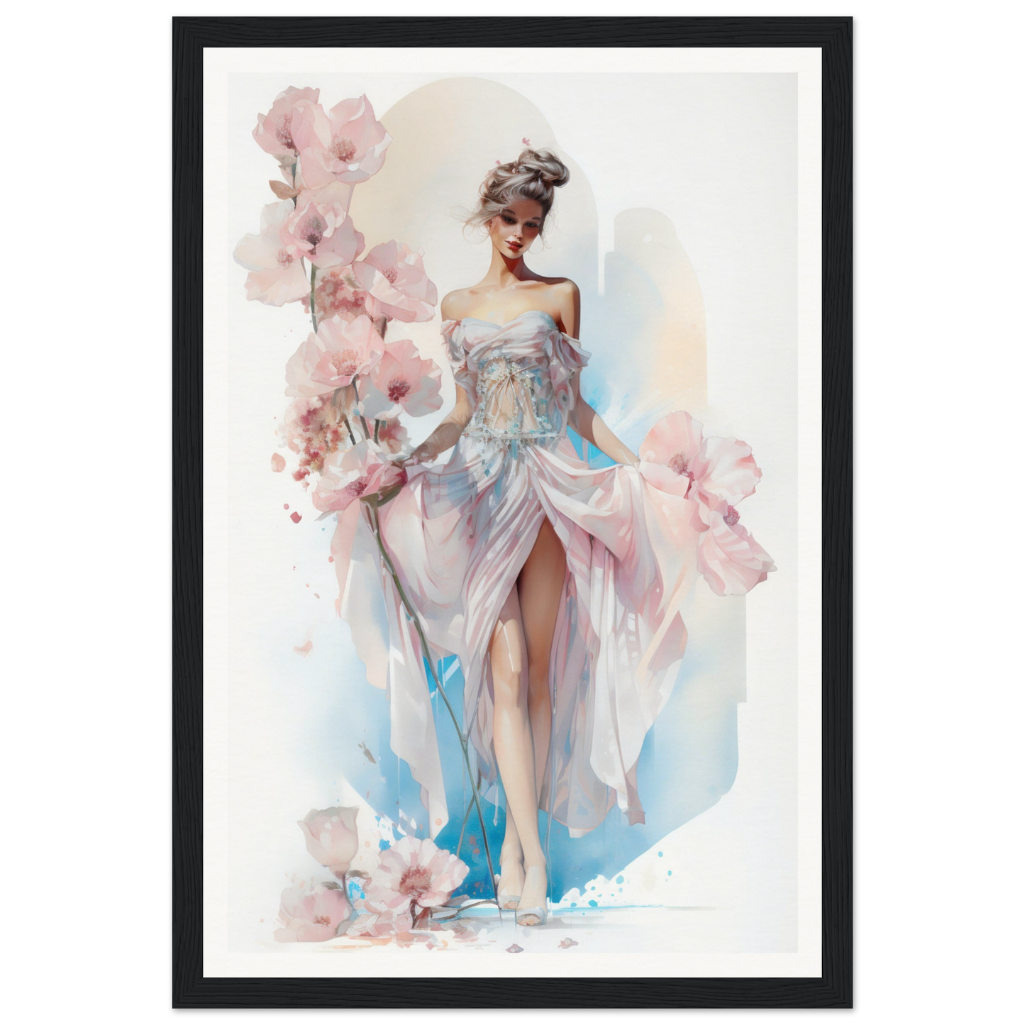 Watercolor painting of an elegant woman in a flowing dress surrounded by delicate pink flowers.