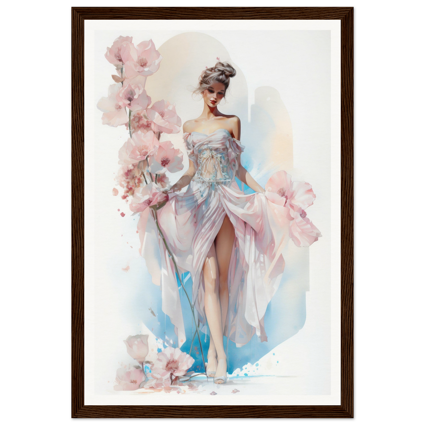 Elegant woman in a flowing dress surrounded by pink flowers.