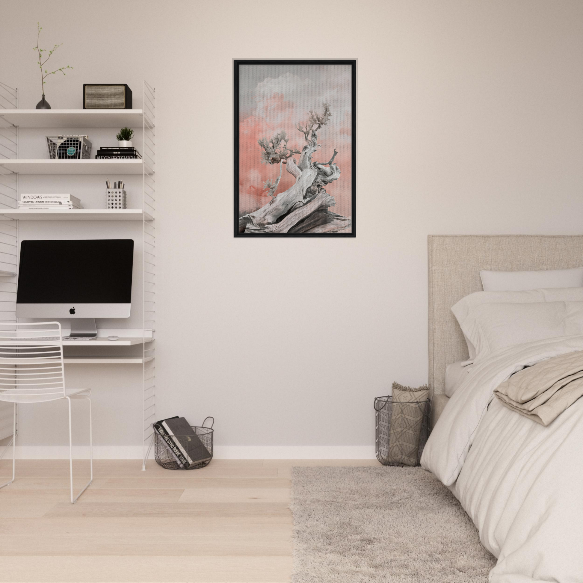 Minimalist bedroom featuring Nature’s Twisted Serenity framed canvas print and floating shelves