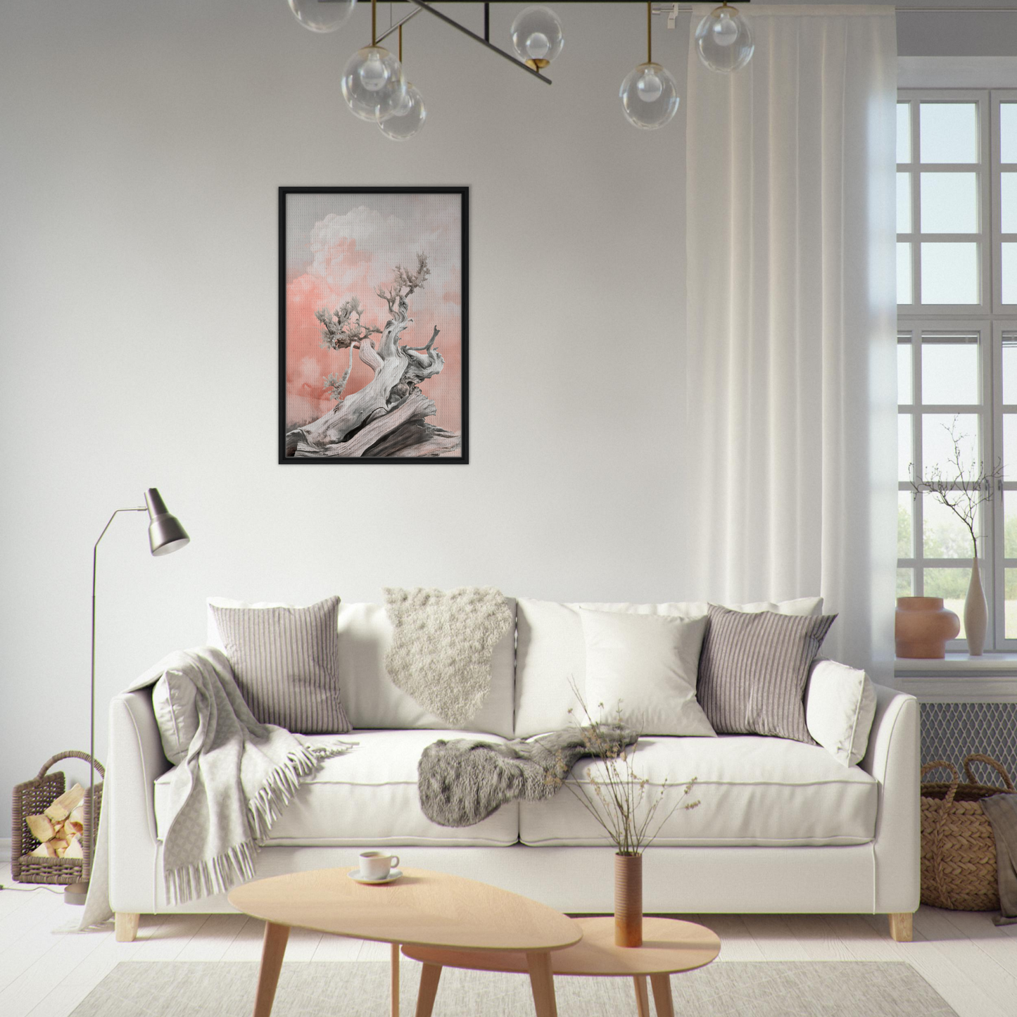 White sofa adorned with throw pillows and blankets from Nature’s Twisted Serenity collection