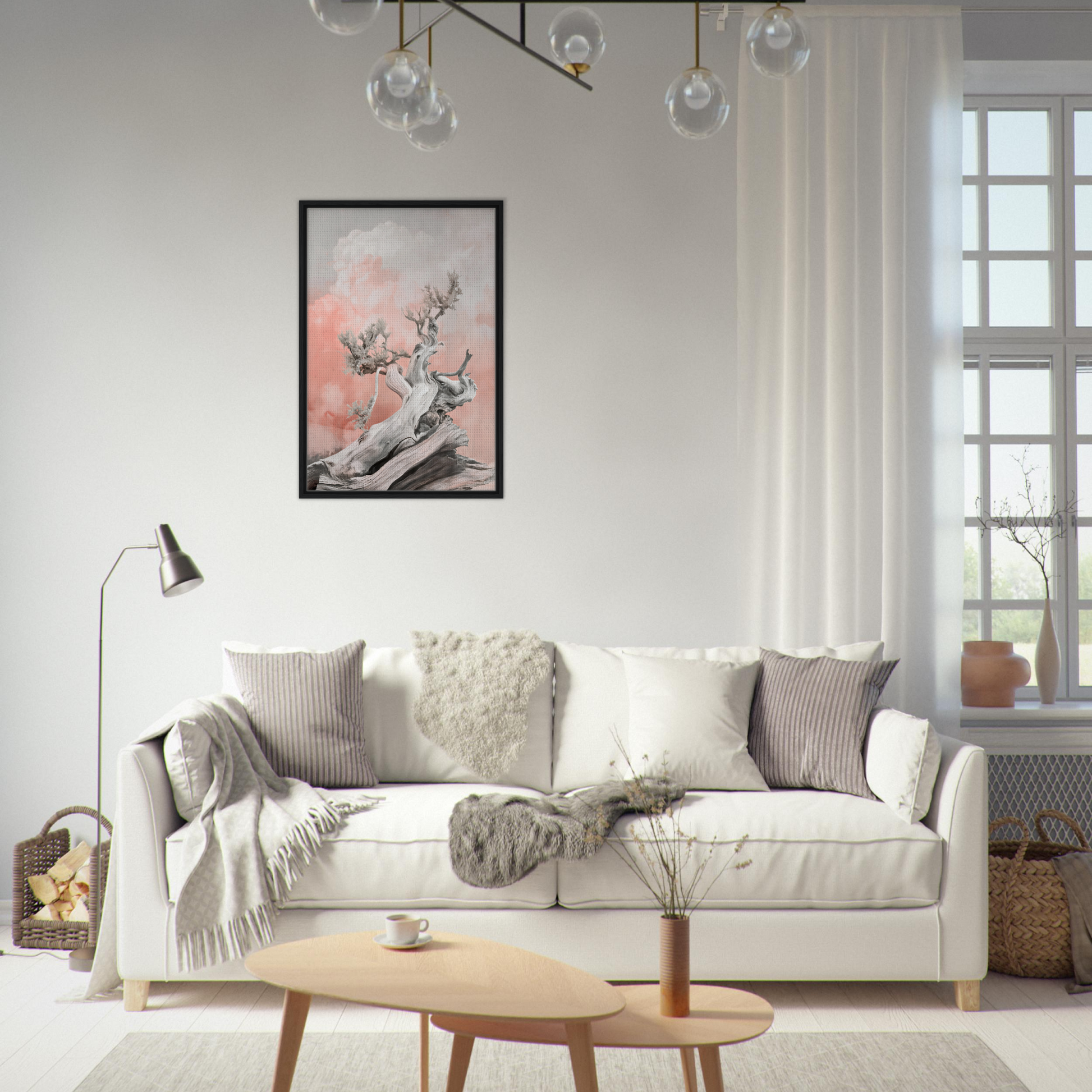 White sofa adorned with throw pillows and blankets from Nature’s Twisted Serenity collection