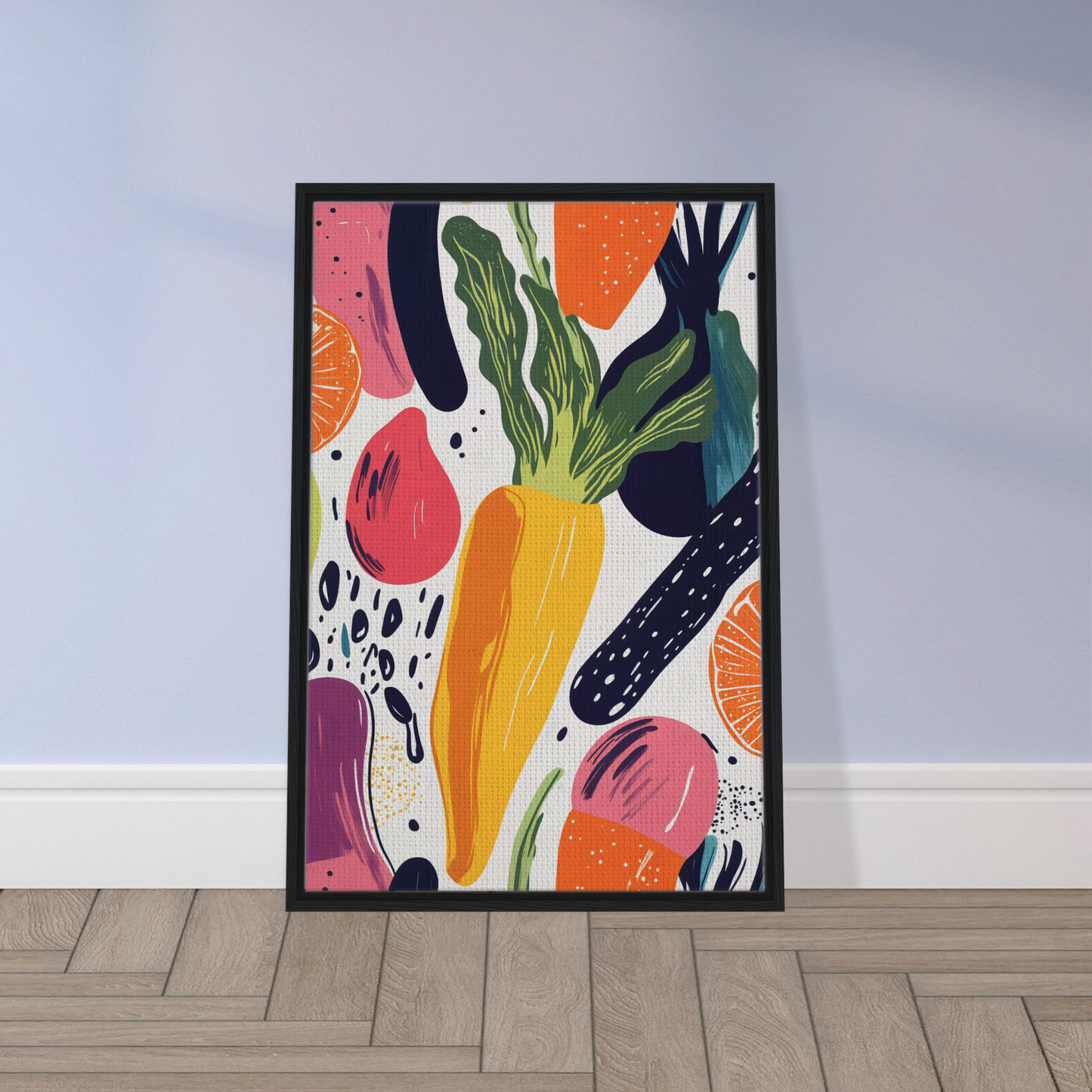 Colorful abstract painting of fruits and vegetables in Nourishment Reverberation Fields framed print