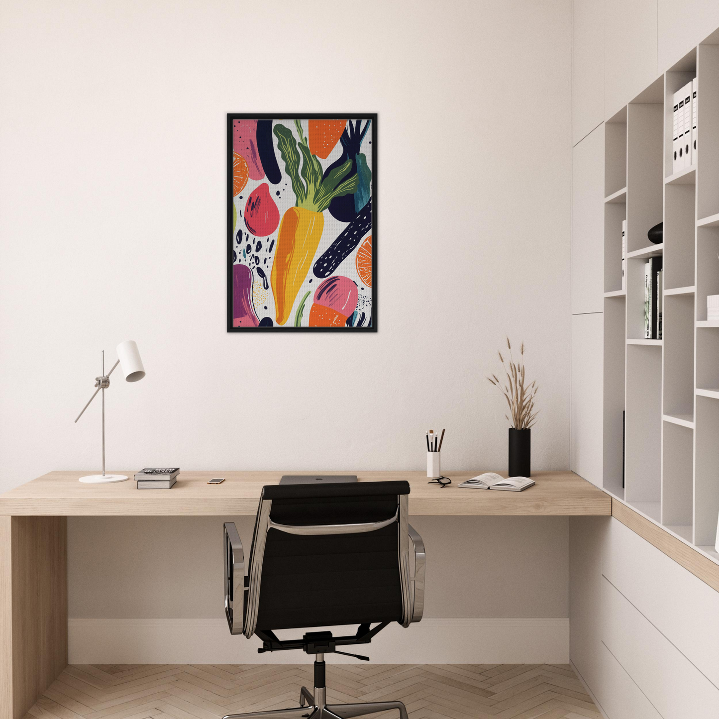 Minimalist home office with Nourishment Reverberation Fields artwork and wooden desk