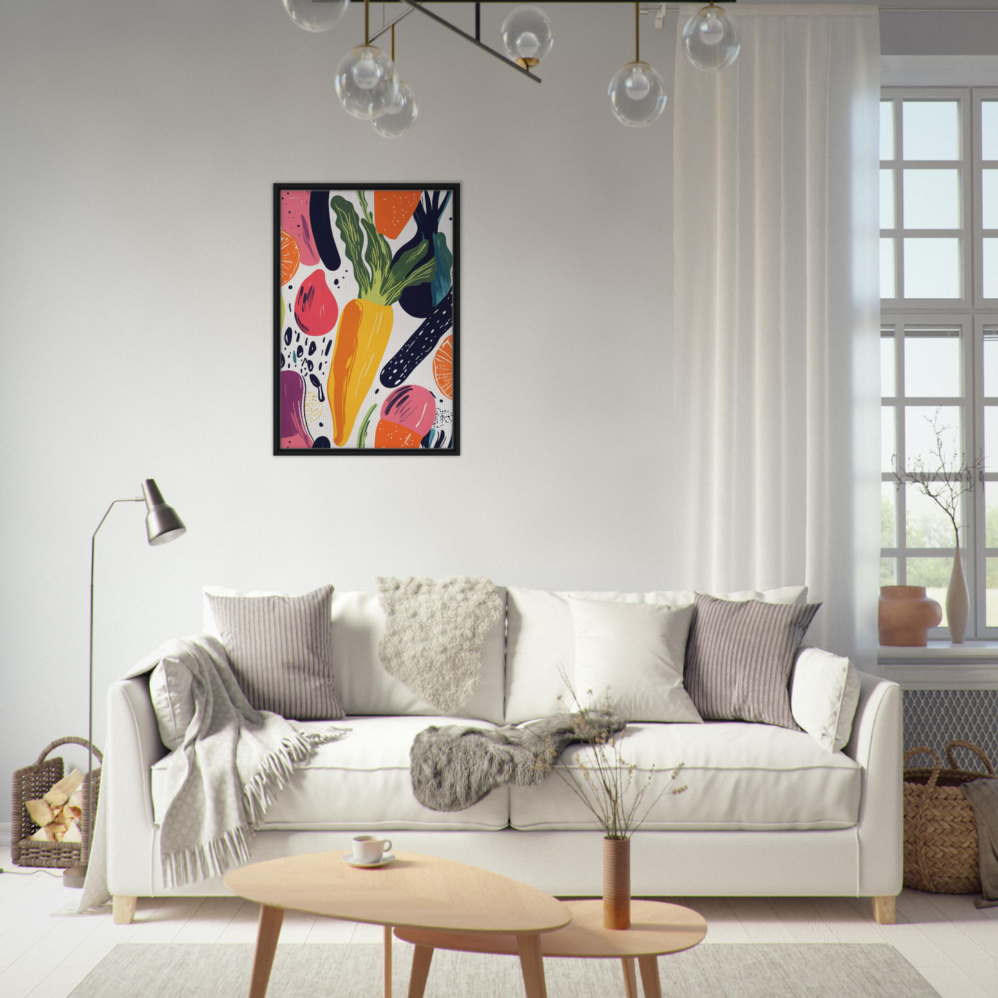 White sofa adorned with throw pillows and blankets in Nourishment Reverberation Fields