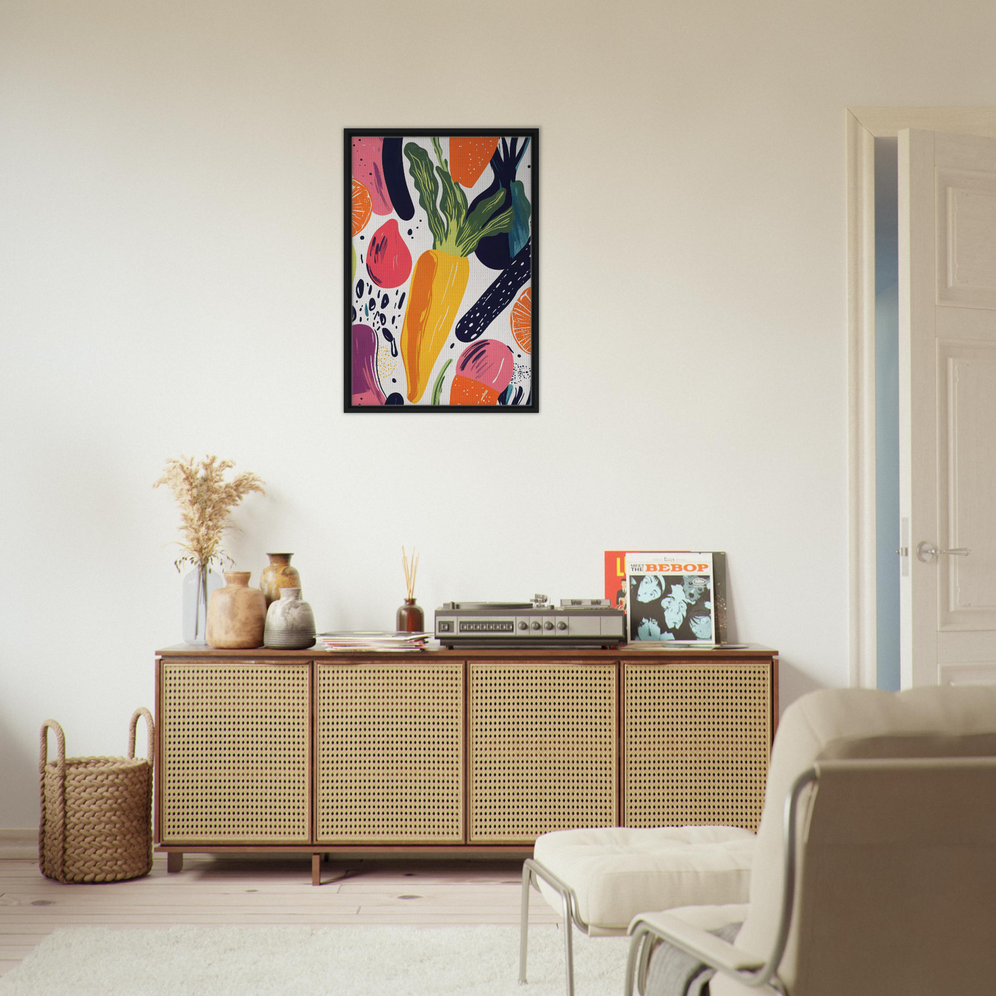 Wooden sideboard with rattan doors enhances Nourishment Reverberation Fields decor