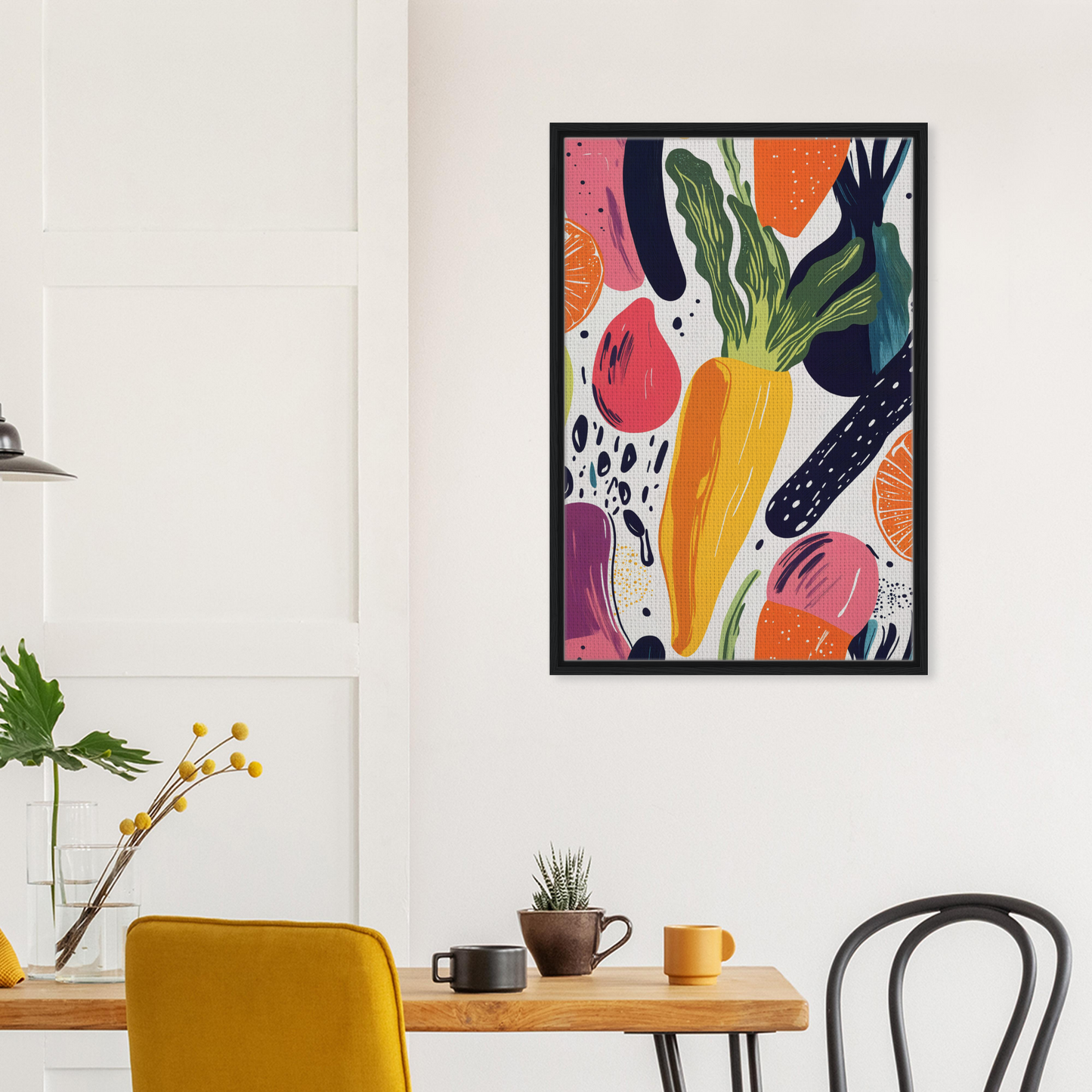 Colorful abstract artwork of fruits and vegetables in Nourishment Reverberation Fields framed
