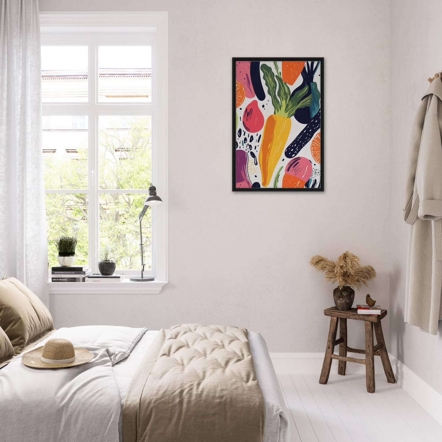 Colorful abstract painting framed in black as part of Nourishment Reverberation Fields room decor