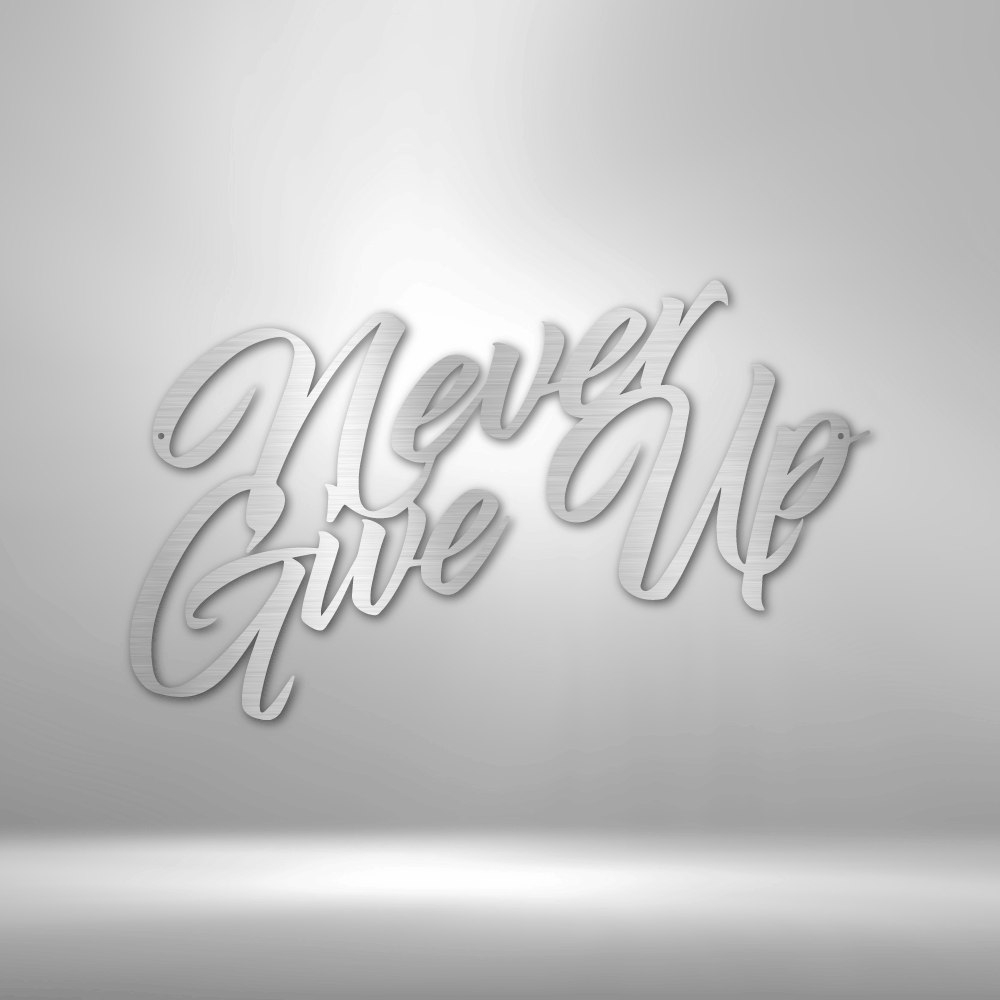Motivational text saying ’Never Give Up’ in stylized 3D lettering.