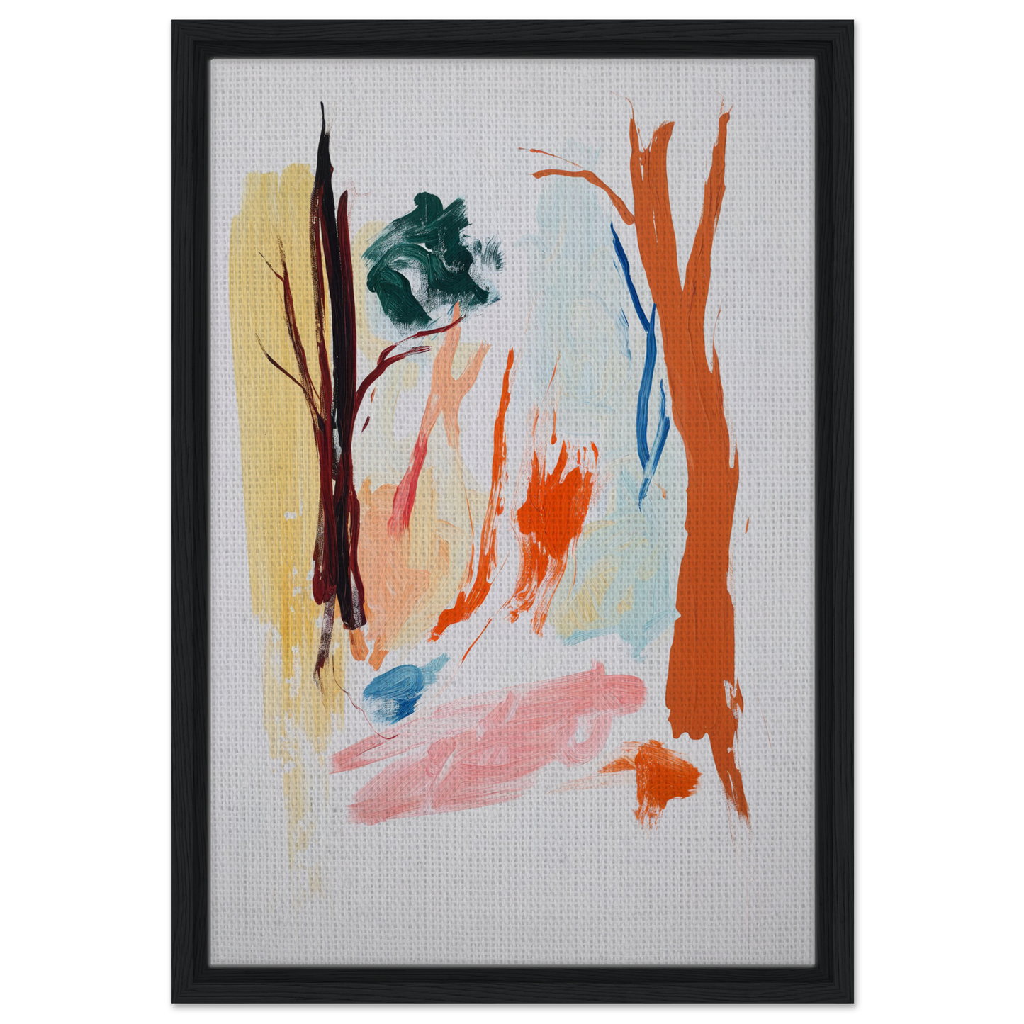 Abstract painting with colorful brushstrokes in a black frame for Occurs Splendidly Terrified