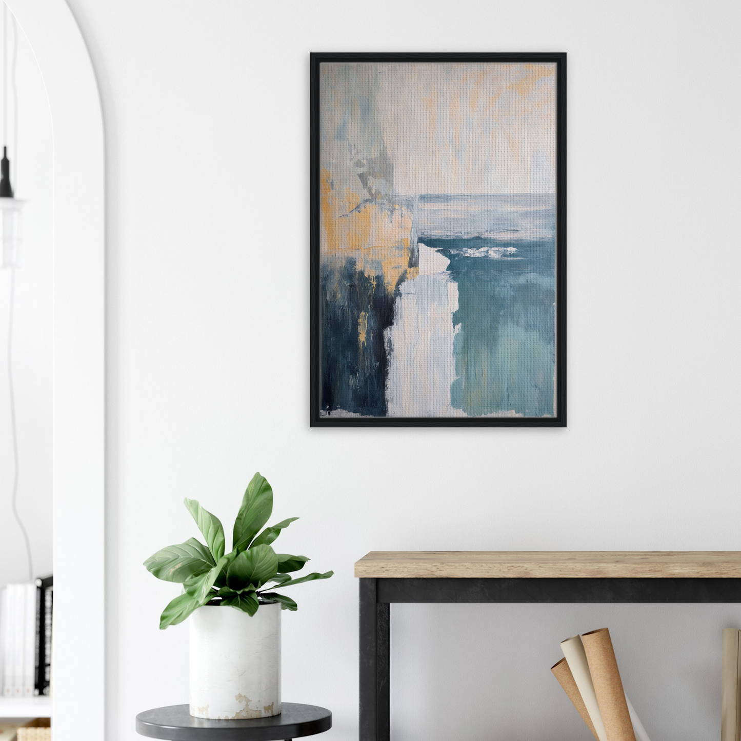 Abstract Oceanic Ever Blue painting in muted blue, white, and yellow, framed canvas art