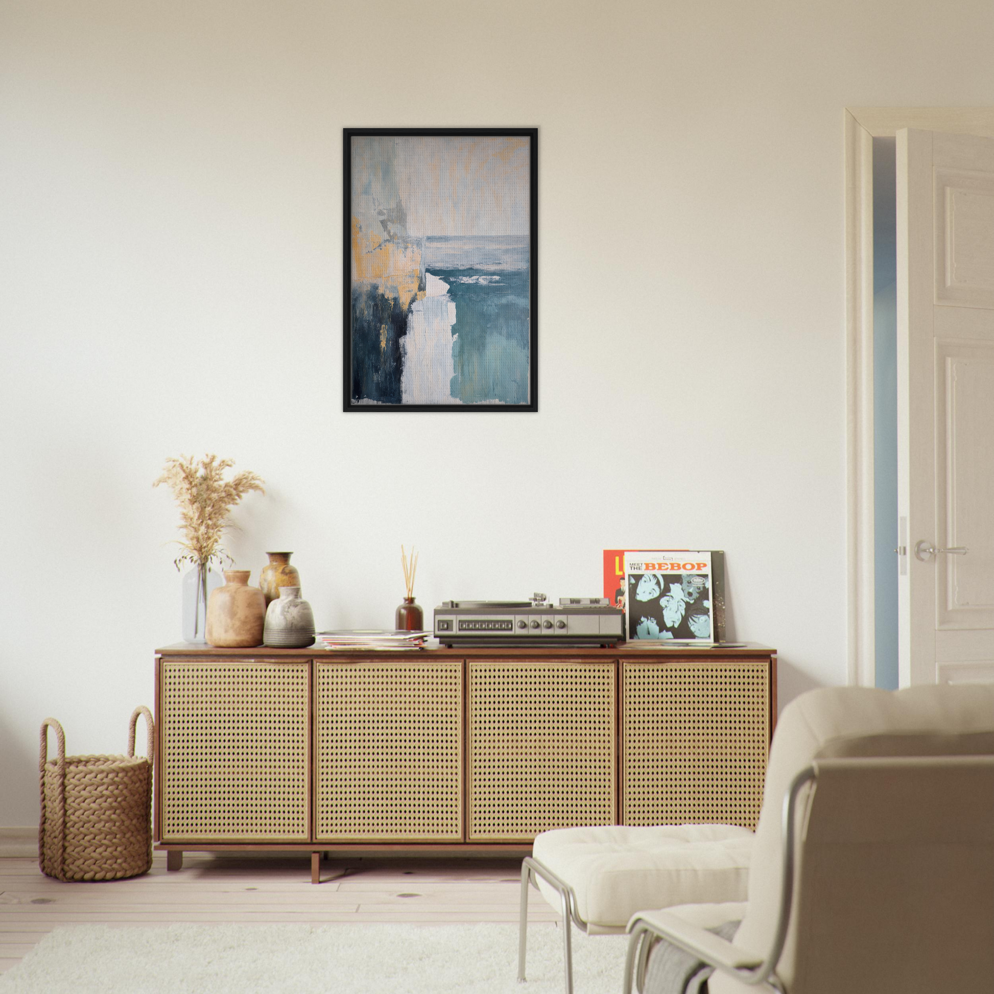 Wooden sideboard with cane doors and décor atop, complemented by Oceanic Ever Blue accents