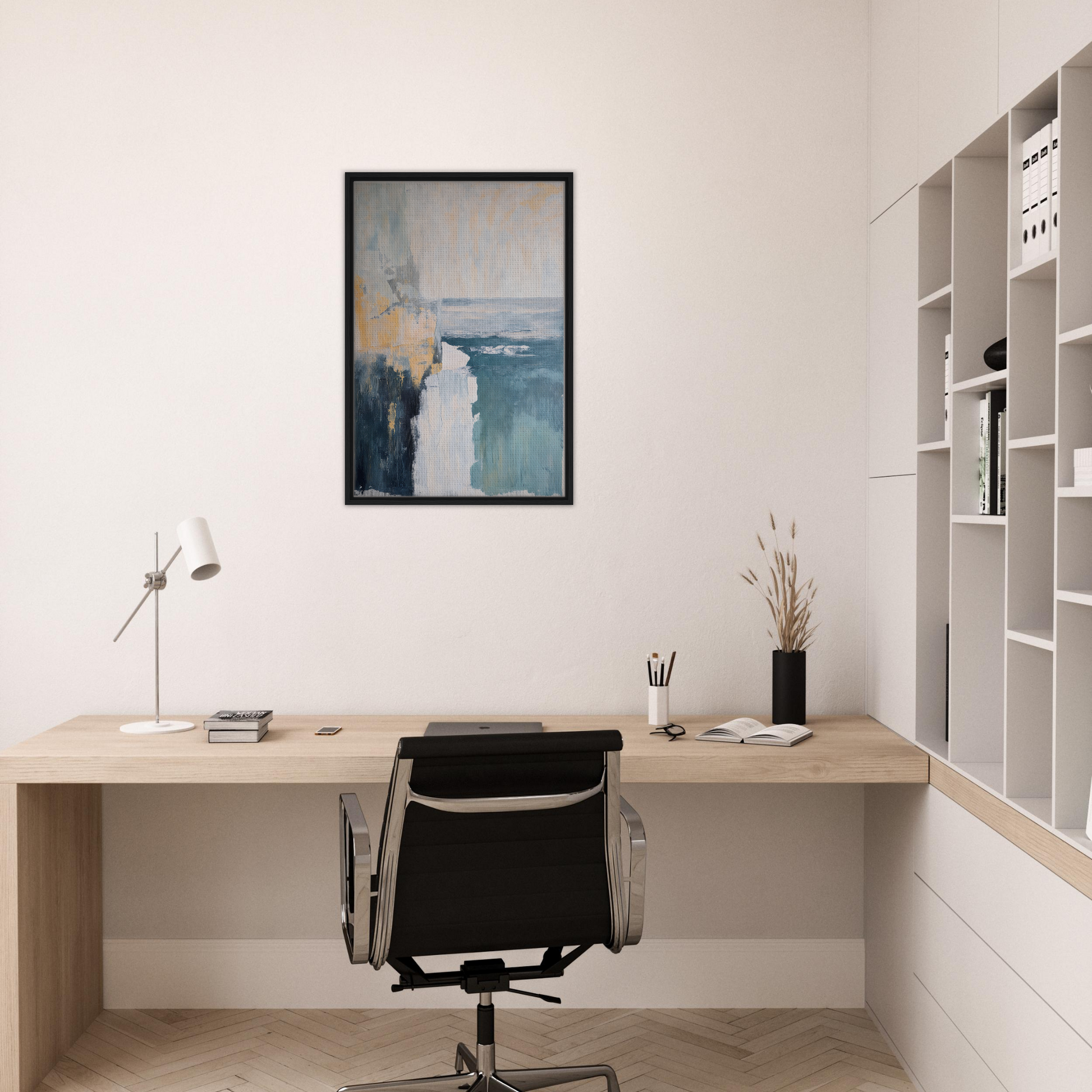 Minimalist home office workspace with wooden desk, black chair, and Blue Framed Canvas