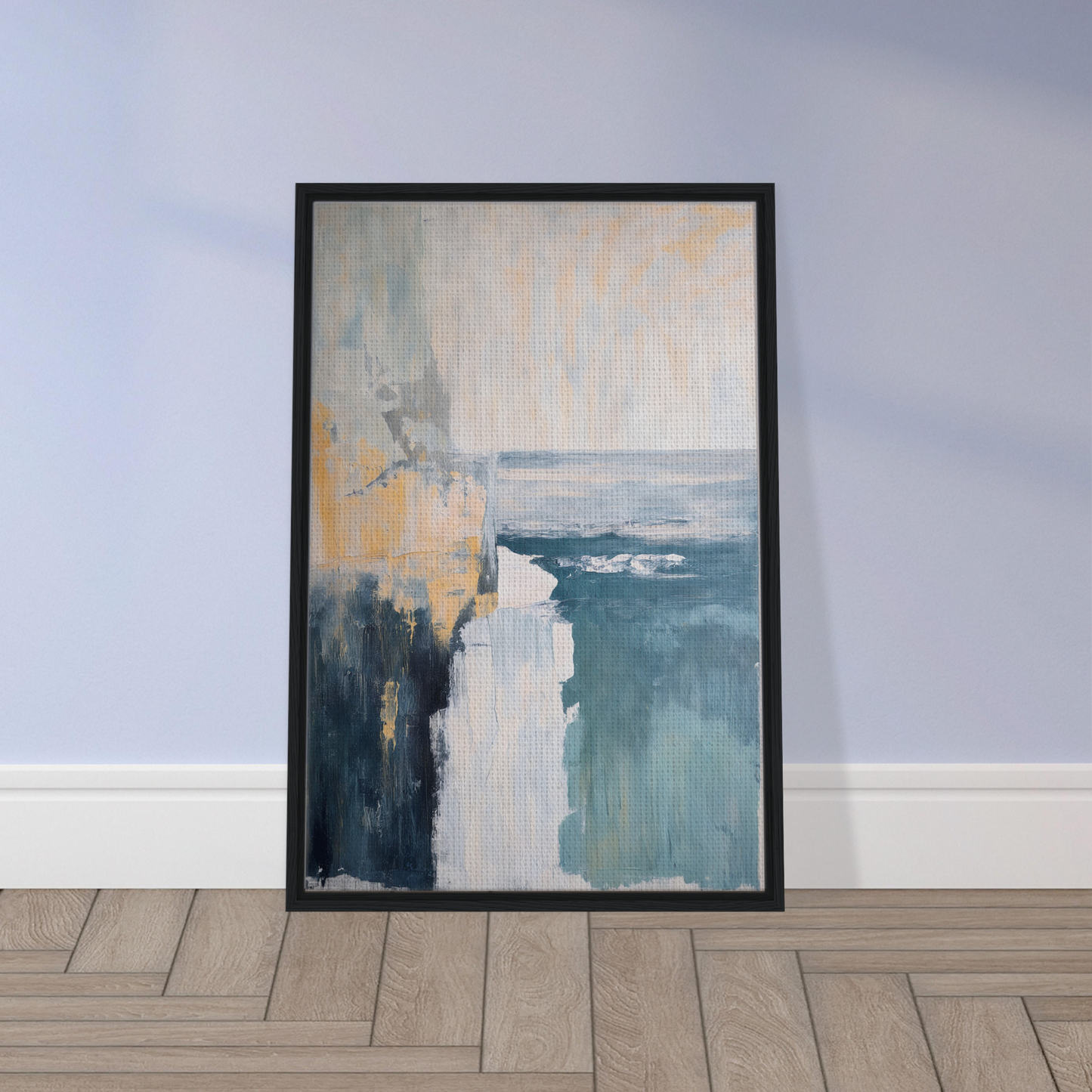 Framed canvas art featuring Oceanic Ever Blue with muted colors and geometric shapes