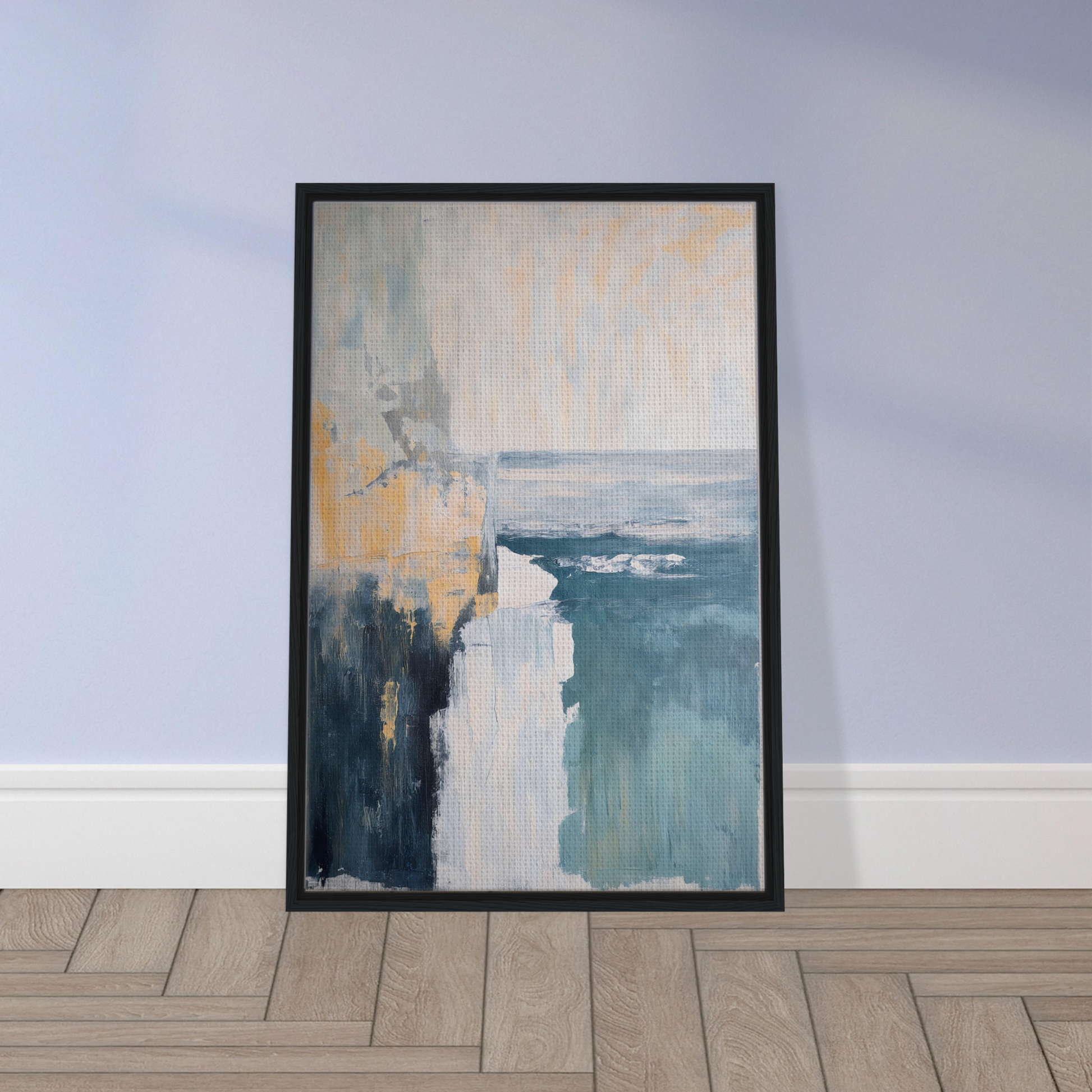 Framed canvas art featuring Oceanic Ever Blue with muted colors and geometric shapes