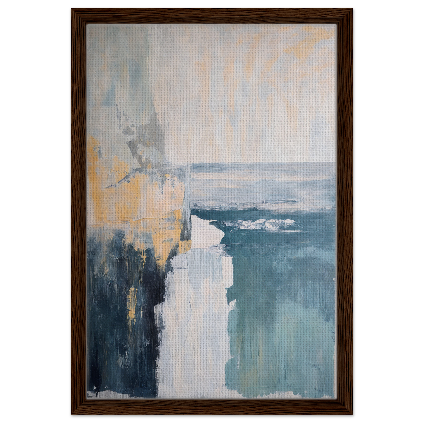 Abstract coastal landscape painting in muted colors on a blue framed canvas for room decor