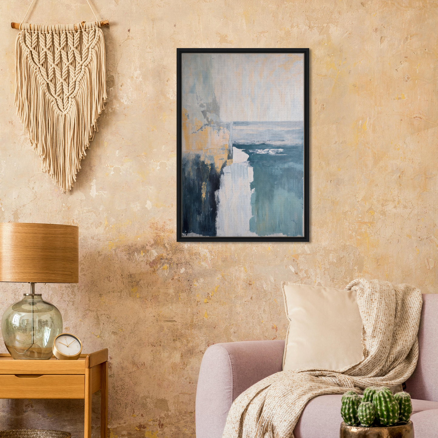 Framed canvas art of a coastal landscape in blue tones, ideal for room decor