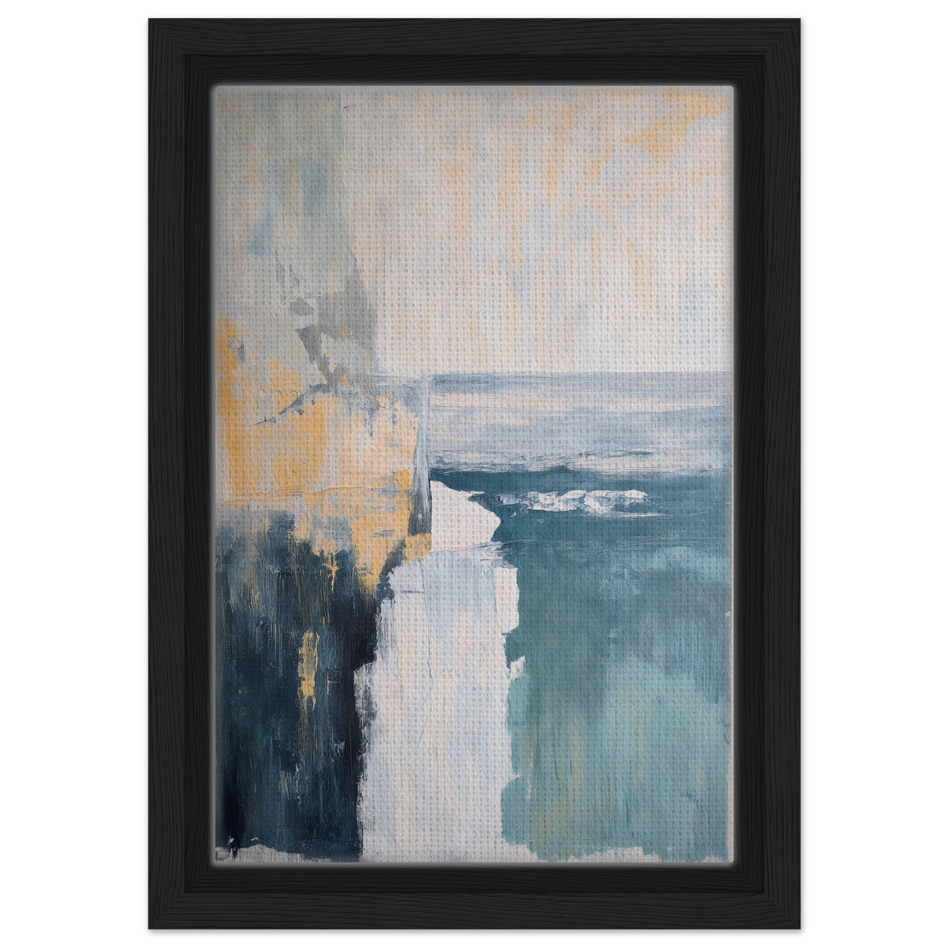 Abstract painting in muted blue, gray, and yellow tones on blue framed canvas for room decor