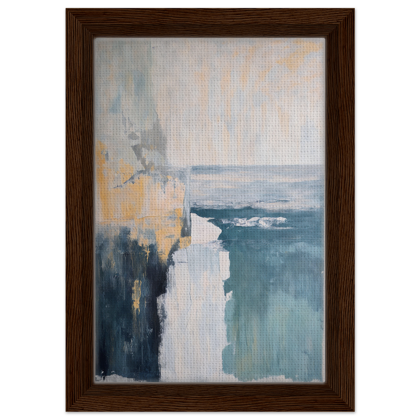 Abstract painting in muted blue, gray, and yellow tones in a blue framed canvas