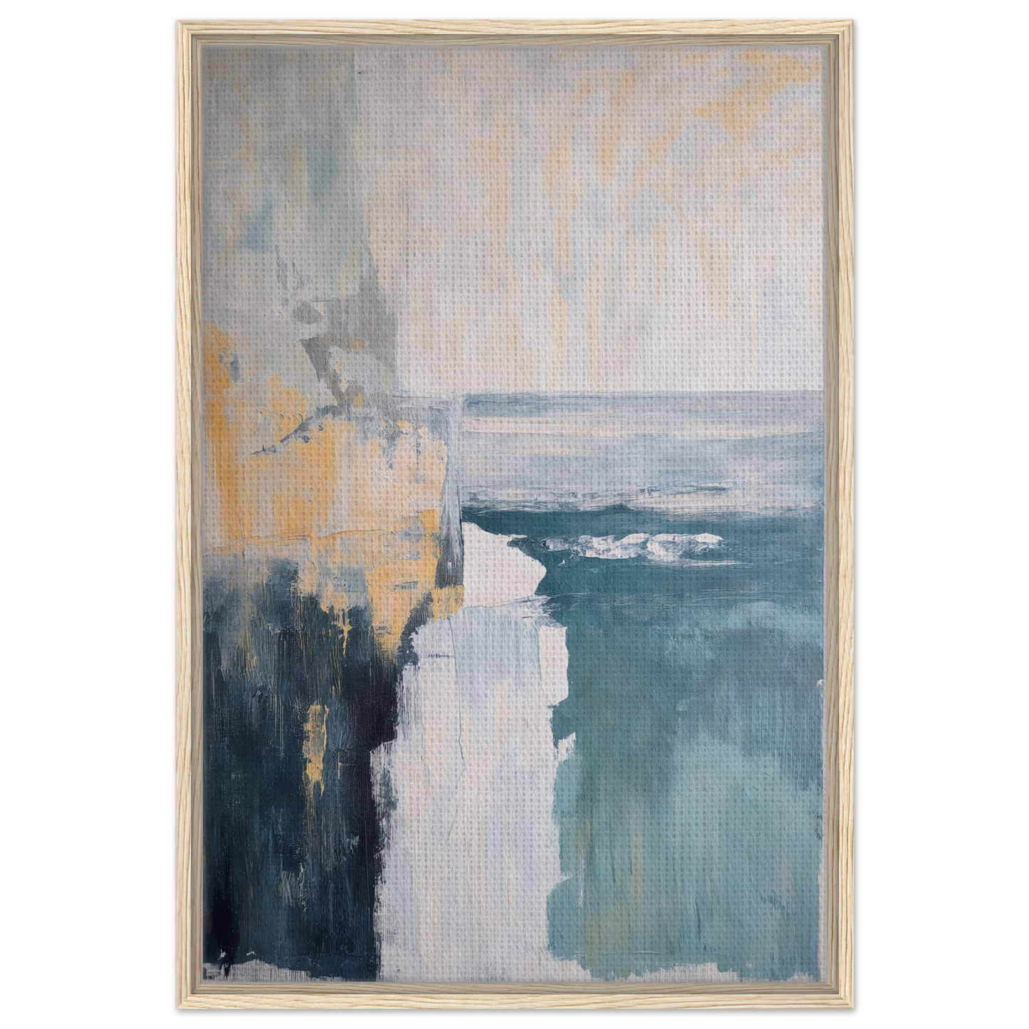 Abstract coastal scene with cliffs and ocean in a blue framed canvas for room decor