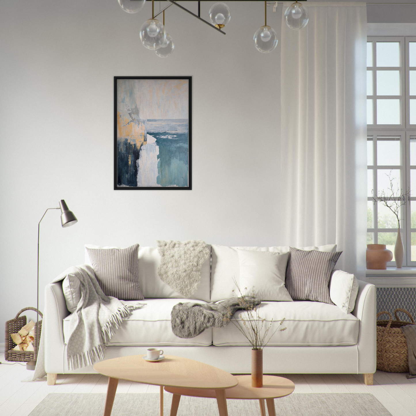 Elegant White Sofa with Throw Pillows and Blankets, complementing Oceanic Ever Blue Room Decor