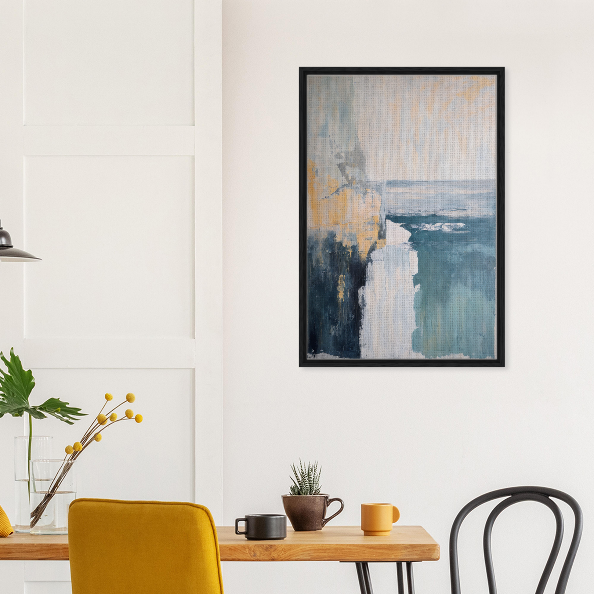 Abstract painting in muted blue, gray, and yellow tones as stylish blue framed canvas art