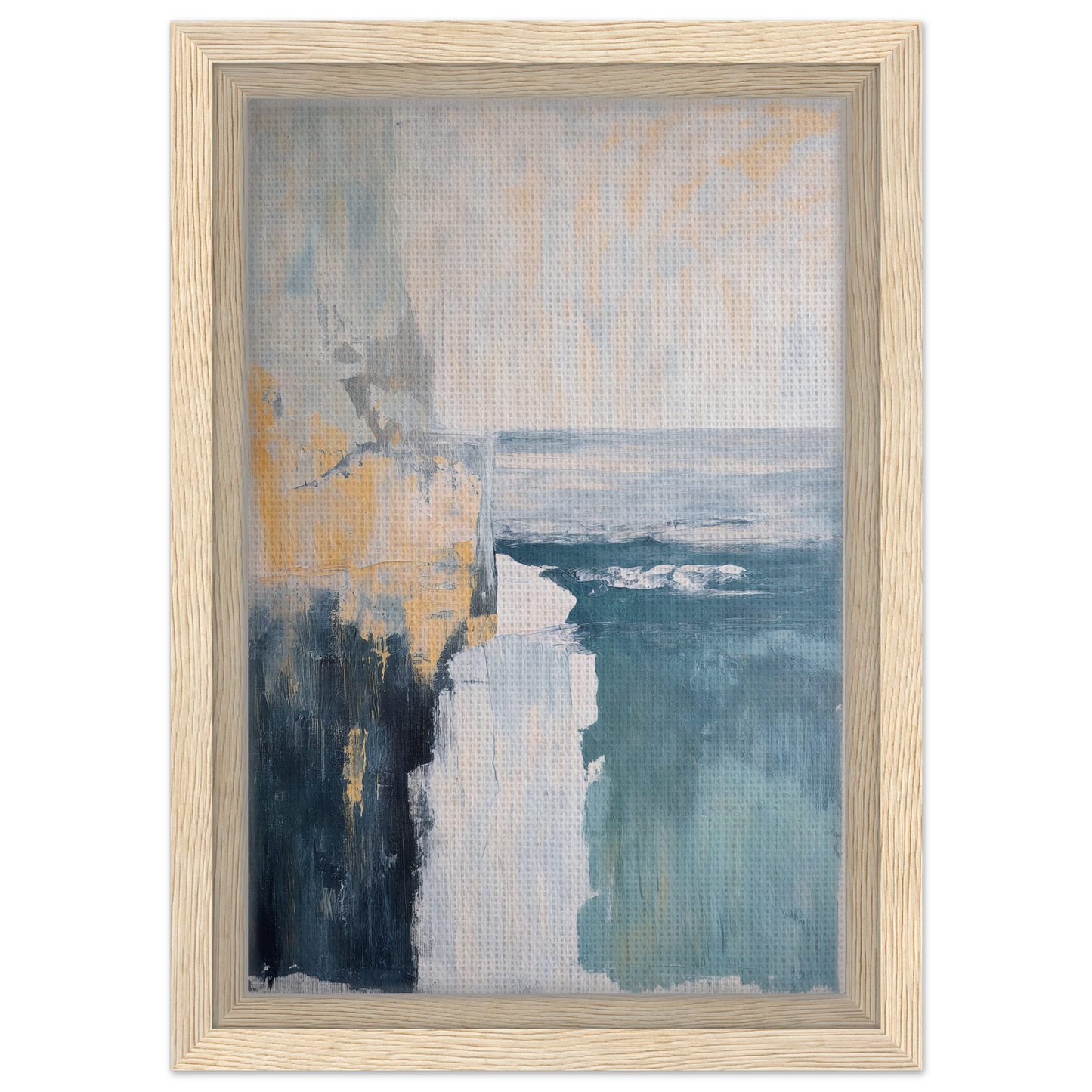Abstract coastal scene in muted colors on a Blue Framed Canvas for Oceanic Ever Blue