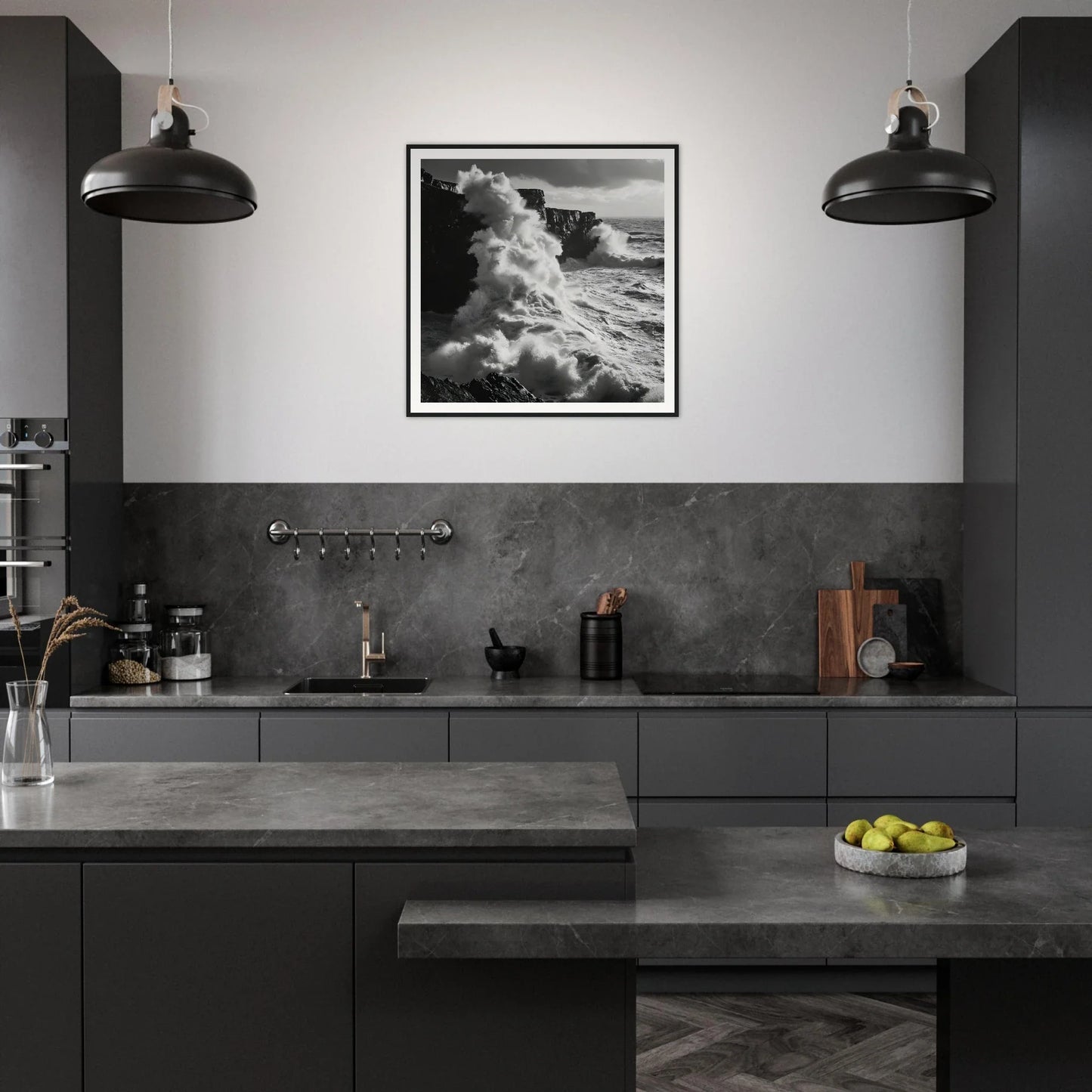 Stylish dark grey kitchen featuring Oceanic Thunder Locks framed poster and industrial lights