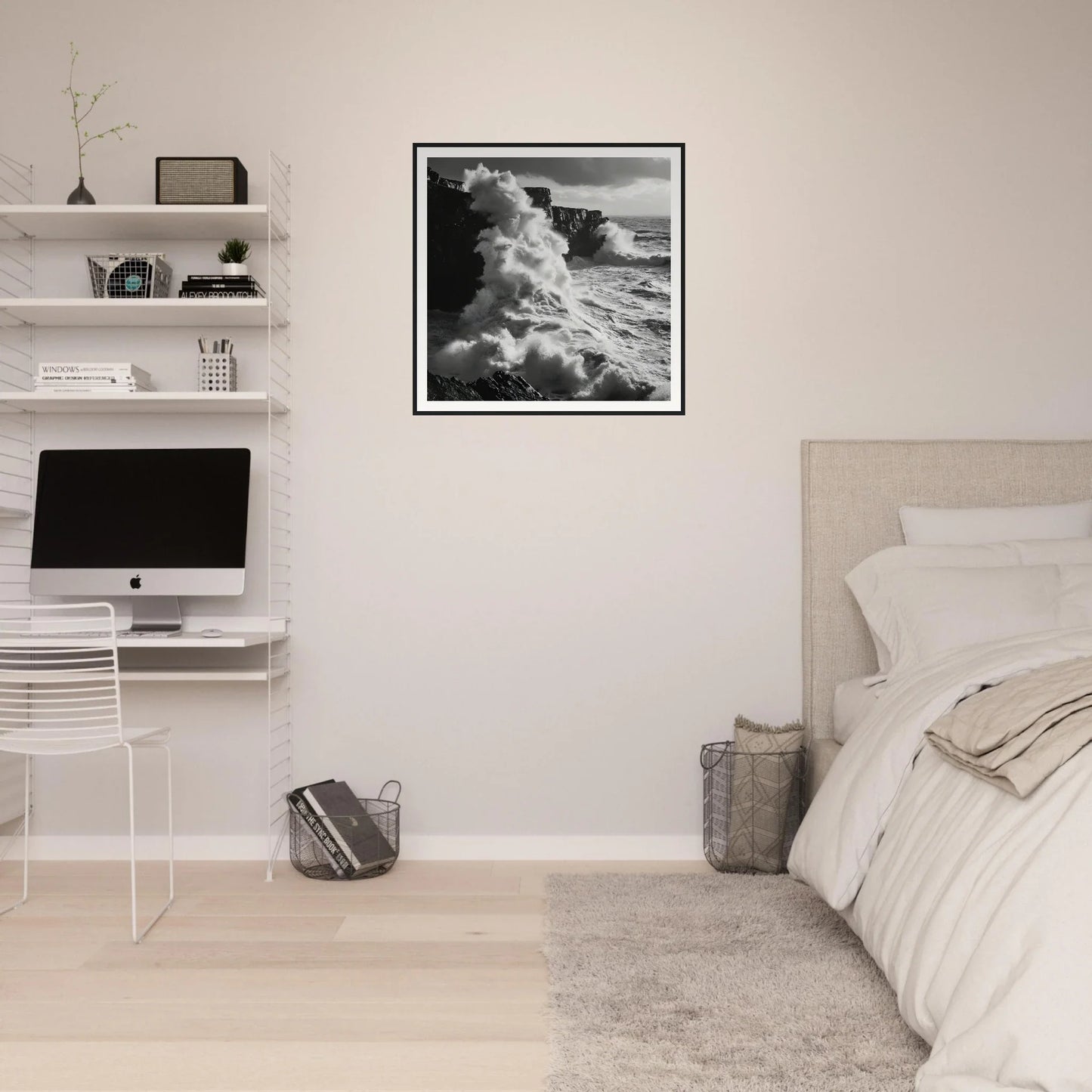 Minimalist bedroom featuring Oceanic Thunder Locks and framed posters of ocean waves