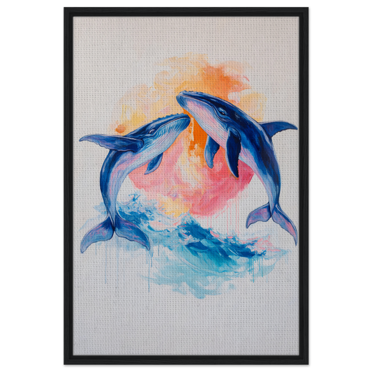 Painting of two blue dolphins leaping in colorful water for Oceanic Whirl Sanctuary decor