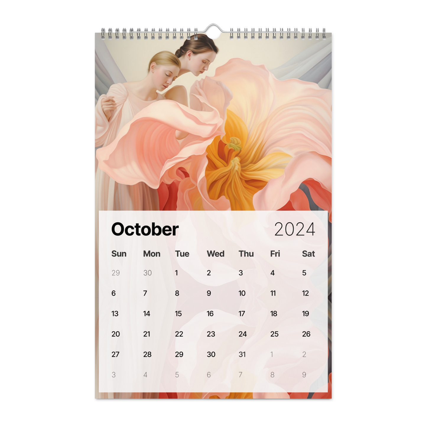 Wall calendar for October 2024 featuring a floral-inspired artistic image.