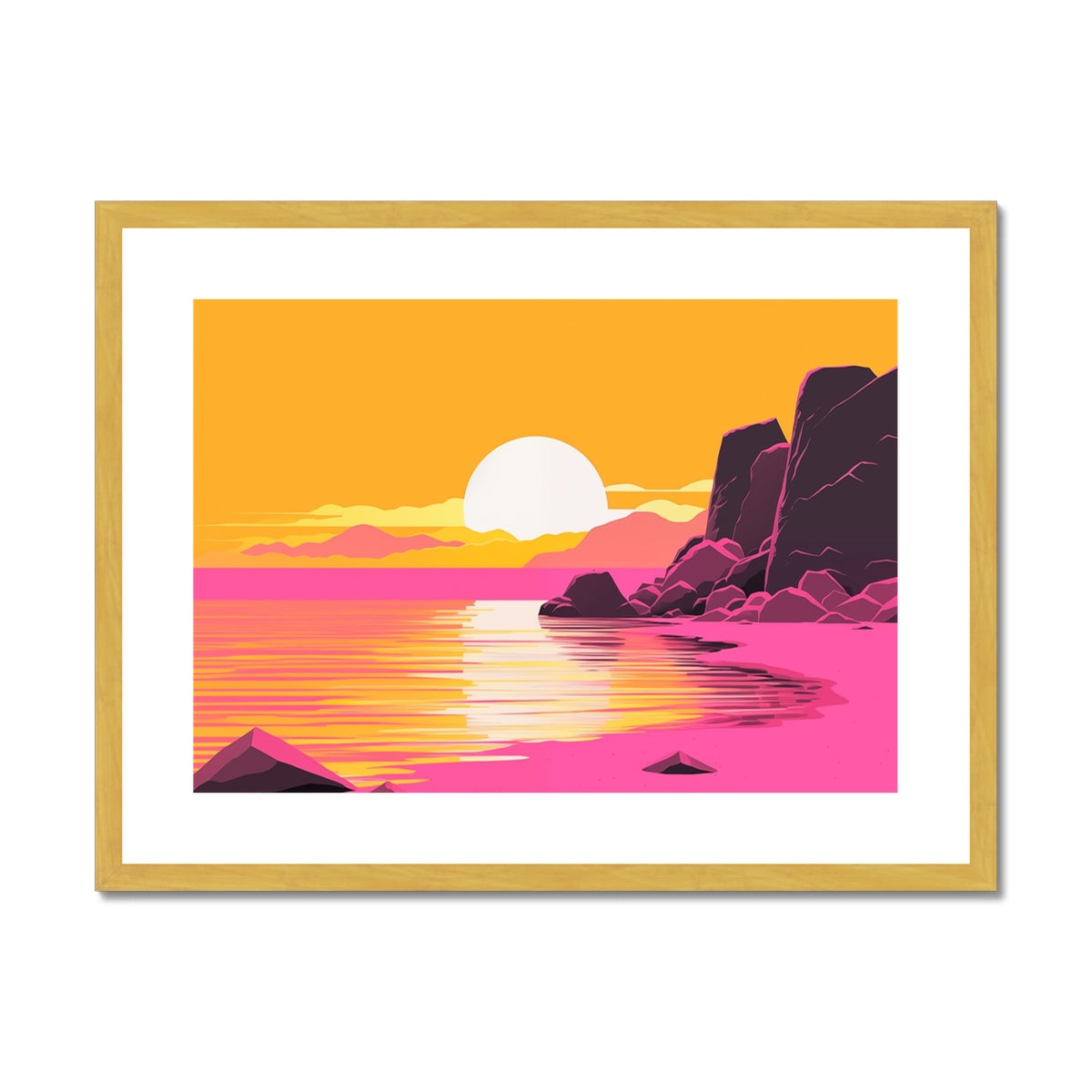 Framed artwork depicting a vibrant sunset seascape with rocky cliffs.